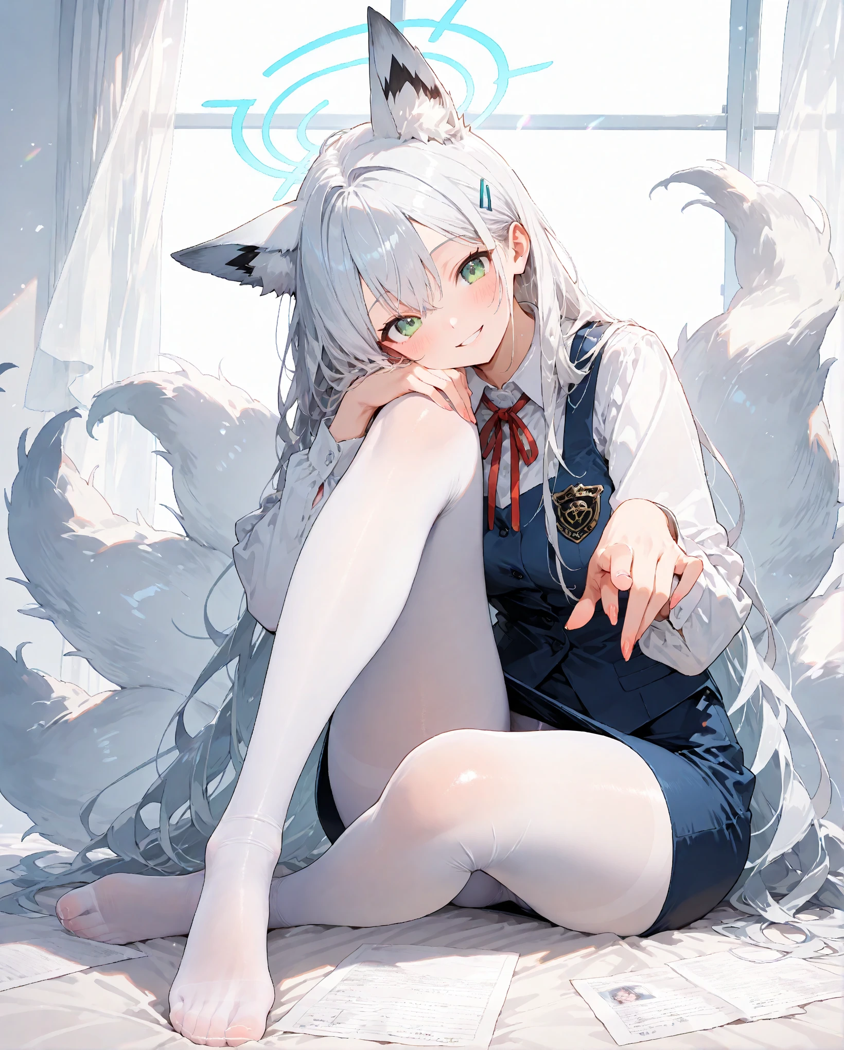 milky white furry，white  clothes，Haha, Such a cute face，This is a cute and sweet girl，Lots of sweat，Wipe sweat with your hands，Look at the feet，Wear socks，White tights，In the alley，Wear shoes，White shoes，tie shoelaces，