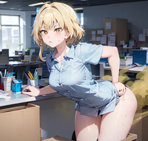 masterpiece, absurdres, best quality, ultra detailed, high Resolution, detailed illustration, bright colour, (extremely beautiful detailed face and eyes, Delicate beautiful face, 1 girl, cute face:1.3), (magenta eyes:1.1), sparkling eyes, big eyes, medium breasts, (perky breasts:1.1), (pointy breasts:1.1), medium hips, glamorous body, white skin, BREAK, long bob cut, (blonde hair:0.8), messy hair, detailed hair, shiny hair, BREAK (undressed, Work clothes:1.5), (Logistics Warehouse, Fellatio:1.3), perfect lighting, (embarrassed:1.5), (ecstasy, vulgarity:1.5), (trembling:0.8),