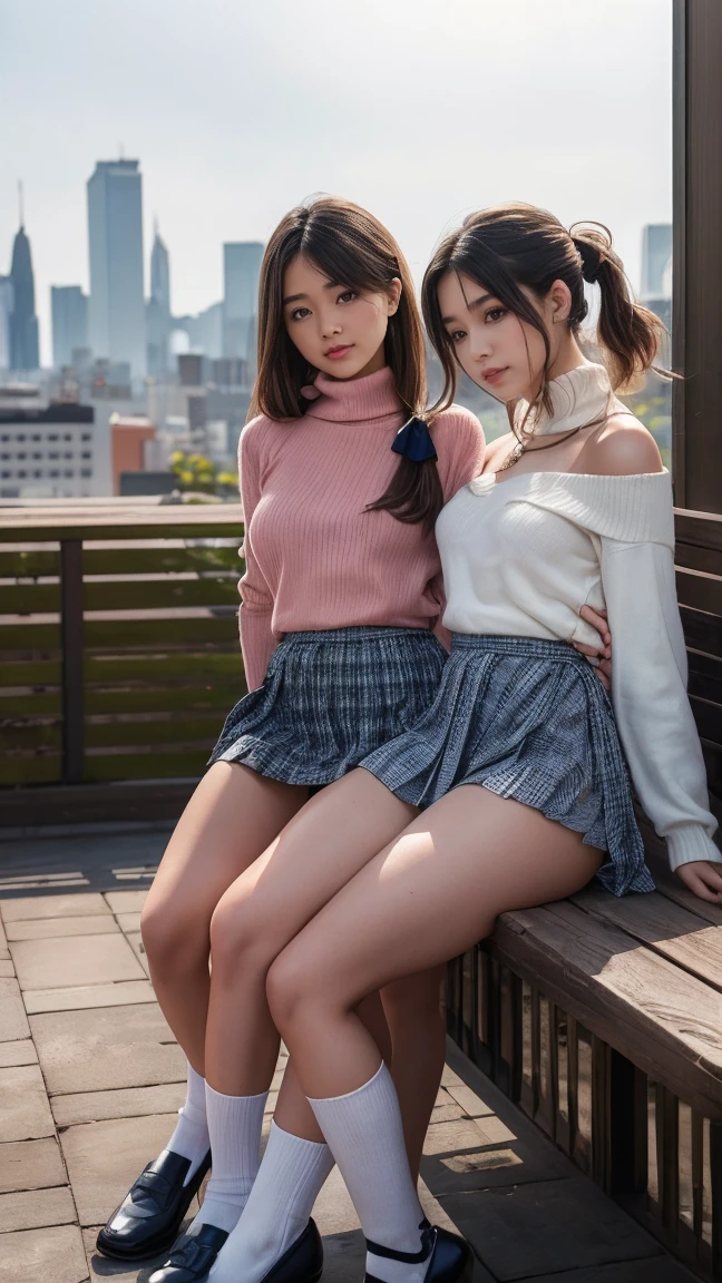 (2 girls of the same age:1.2) , Dual Focus, Japan girls, captivating, 16 yo, Japan girls, black hairr, Stand next to each other. , School uniform , Sleeveless sailor suit , twintails, (smile:0.7), I scrunchie, (high saturation:1.2), (low contrast:1.1), (high saturation:1.0), (very detailed skin), (bestquality:1.0), (ultra highres:1.0) ,(photorealistic portrait:1.0), (ultra-detail:1.0), (10, RAW photo:1.1), (Skirt Lift:1.0)