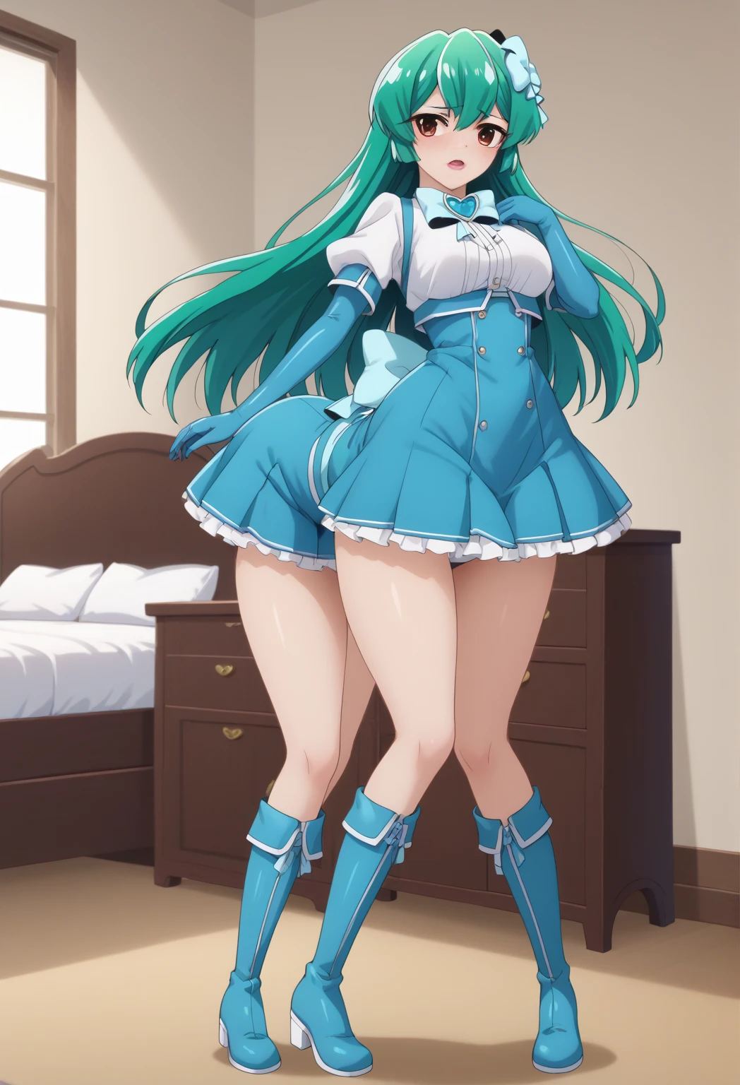 Aqua Konosuba,young,whole body,Looking at the viewer,I look with pity,A high resolution,high quality, masterpiece , white heels, Bedroom,SFV,Mocking smile, white nails,white heels, whole body,sexual,maid clothes, white stockings,Woman with large breasts,taking a selfie in front of the mirror, hand on hip, laughing, blush on the face ,up her skirt a little to see thong,lifts her skirt a little to show her thong,thong