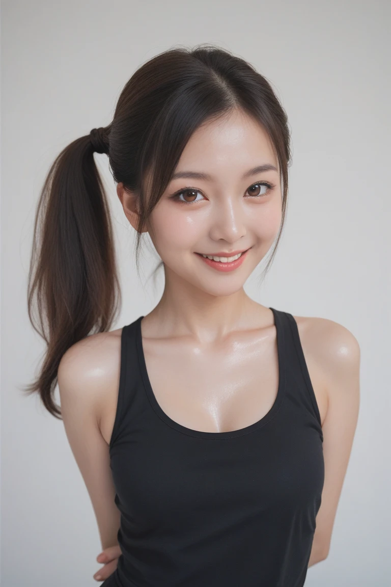 A Korean beauty with a light brown ponytail, a cute smile, and a small face and well-defined features, wearing sexy sportswear that accentuates her G-cup breasts.