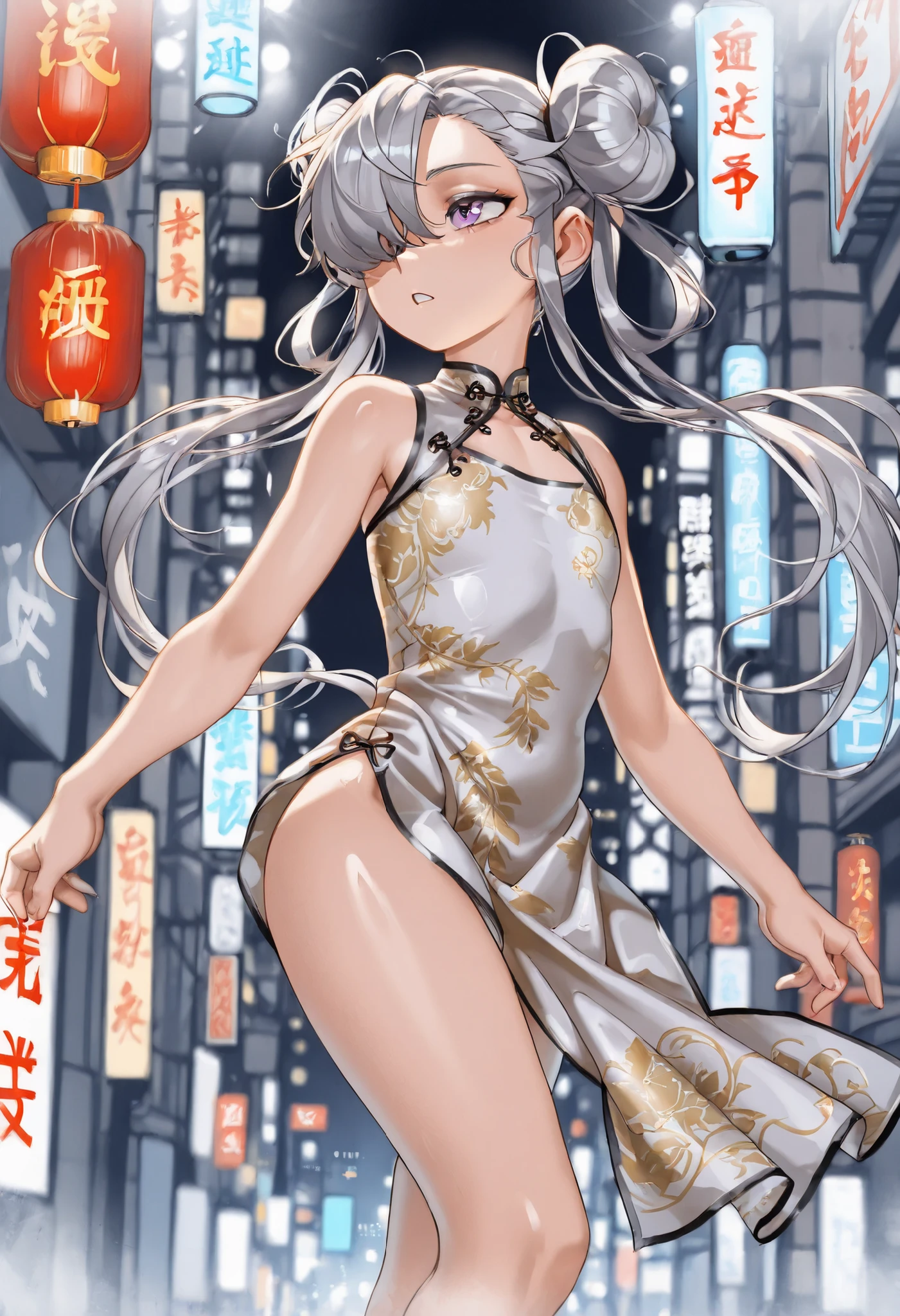 8k、 masterpiece、最High Quality、Highest Level、ultimate image quality、complicated details、high resolution、 depth field、natural light、Professional Lighting、(1 girl), (DYNAMIC POSE:1.3)、Animated works, fight scene, The blathead, (Xihua Street, Big city background), Very Beautiful Cartoon Girl、white china dress, (Flat chest:1.3), (perfect anatomy), beautiful purple eyes、thick eyes, Shiny Silver Hair, long hair, toe hair, twin tail, hair covering one eye, messy hair, Xihua Street, (natural light:1.3)、(accurate and detailed china dresses:1.3), (natural light:1.3)、最High Quality、masterpiece、Official Art、High Quality、high resolution、epic scene, very detailed、Thorough、超high resolution、8k, Professional Quality、perfect lighting、anatomically accurate、