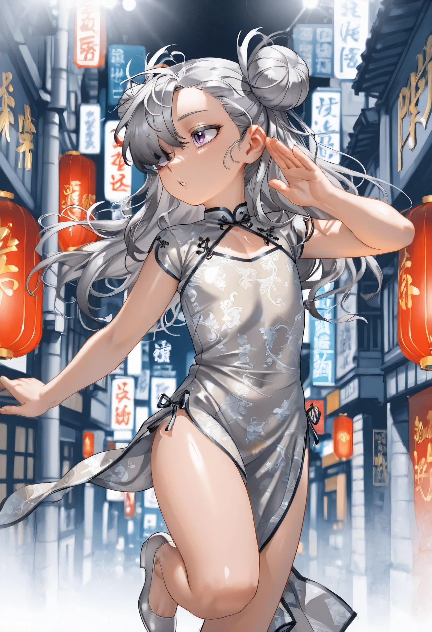 8k、 masterpiece、最High Quality、Highest Level、ultimate image quality、complicated details、high resolution、 depth field、natural light、Professional Lighting、(1 girl), (DYNAMIC POSE:1.3)、Animated works, fight scene, The blathead, (Xihua Street, Big city background), Very Beautiful Cartoon Girl、white china dress, (Flat chest:1.3), (perfect anatomy), beautiful purple eyes、thick eyes, Shiny Silver Hair, long hair, toe hair, twin tail, hair covering one eye, messy hair, Xihua Street, (natural light:1.3)、(accurate and detailed china dresses:1.3), (natural light:1.3)、最High Quality、masterpiece、Official Art、High Quality、high resolution、epic scene, very detailed、Thorough、超high resolution、8k, Professional Quality、perfect lighting、anatomically accurate、