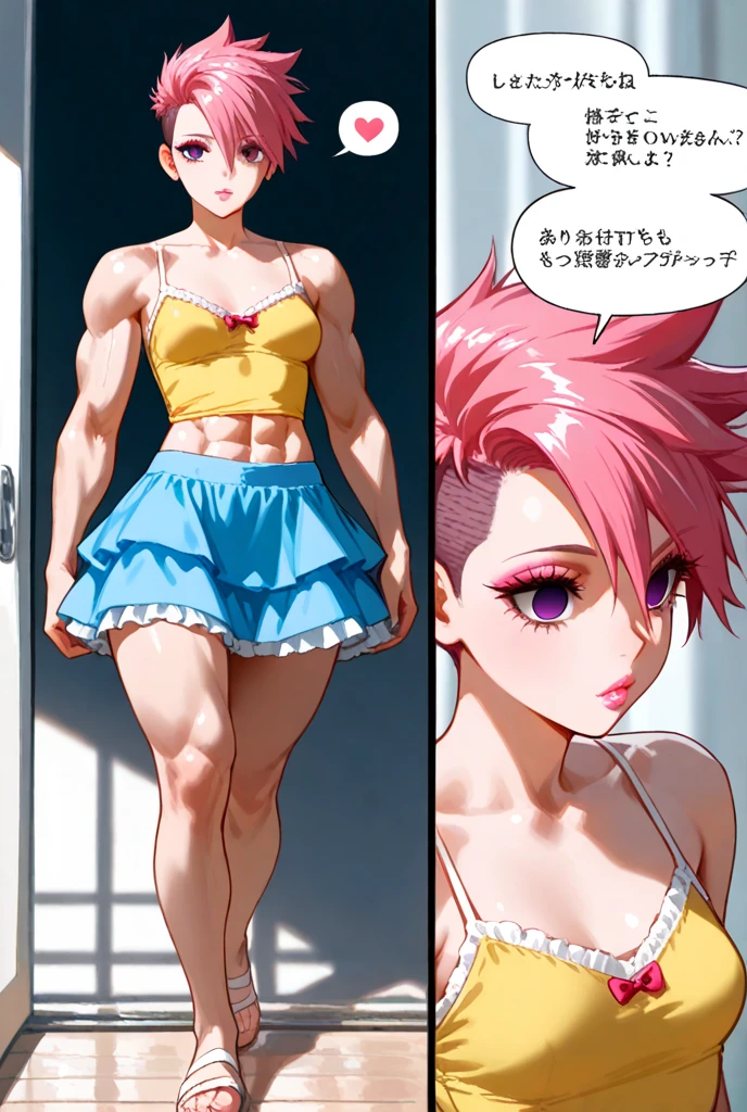 1 girl, green eyes, very Short hair, pink choker, lipstick, Shy, pink hair , tomboy Pixie haircut, femboy hooters, thicc legs,cowboy shot, flat chest, flat chest