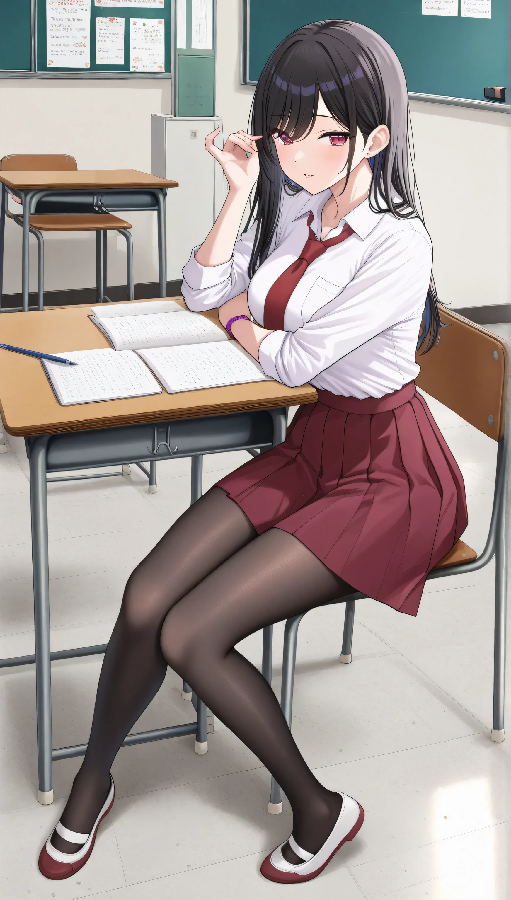 adult women, full body, sitting in a classroom, erotic, dynamic pose, red school uniform, sexdoll:1.0 (masterpiece, best quality), pantyhose, vivid colors, HDR, volumetric Lighting, classroom background, dynamic image,