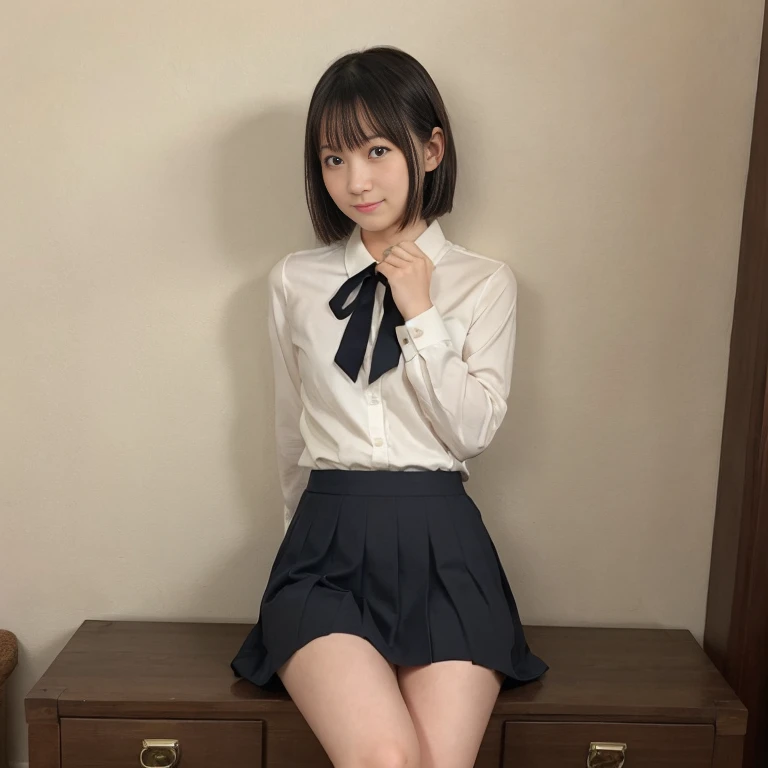 ((highest quality, masterpiece :1.3)), Photorealistic、Ultra-high resolution、Natural skin texture、Hyperrealism、Photograph from the knee up、15 year old Japanese beautiful girl、Twin tail hair、well-shaped breasts、Tight white collared shirt and tie、mini skirt、Contemptuous expression