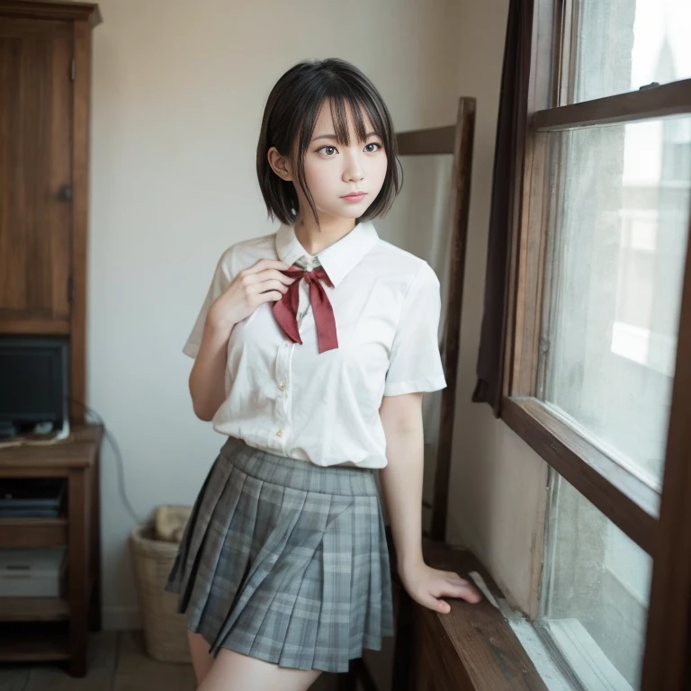 (Long Bob Cut),（8k、RAW Photosgraphy、Highest quality、masterpiece：1.2),Glamour,Chromo White Skin,Cheeky,School,Staring at the audience,Viewed from the front,Muchimuchi,erotic,student,White skin,knees,Student Bag((Black Pantyhose)),absurdes,Small Face,,Flat Chest,Part the front hair from the middle、The forehead is visible,(Cold look,Squinting my eyes,Glare,strong,skinny,Sanding,Rage)、masterpiece,Highest quality、Ultra-high resolution,RAW Photos,Only,Beautiful poop,one person, 独奏,Glasses,,Dark look,Small breasts,whole body,Round Glasses,ＪＫ ,high school girl,Japanese women,standing,（Photorealistic：1.37）、Photon Mapping,Realistic、Beauty,Cute Face,Brown eye、Black socks、(Red bow tie)、Radio City、物理ベースOnlyダリング、Depth of written boundary、Blurred Background、picture,body,Beautiful feet, Long legs, Thin legs,(I can see the front hair), hair, Lips, green_eye, Nose Soft,(Light blue shirt), (Navy, blue and white checkered pleated skirt), I can see the knees,See-through clothing,, thigh, black cotton socks,Nogizaka Idol, , Japanese Ido