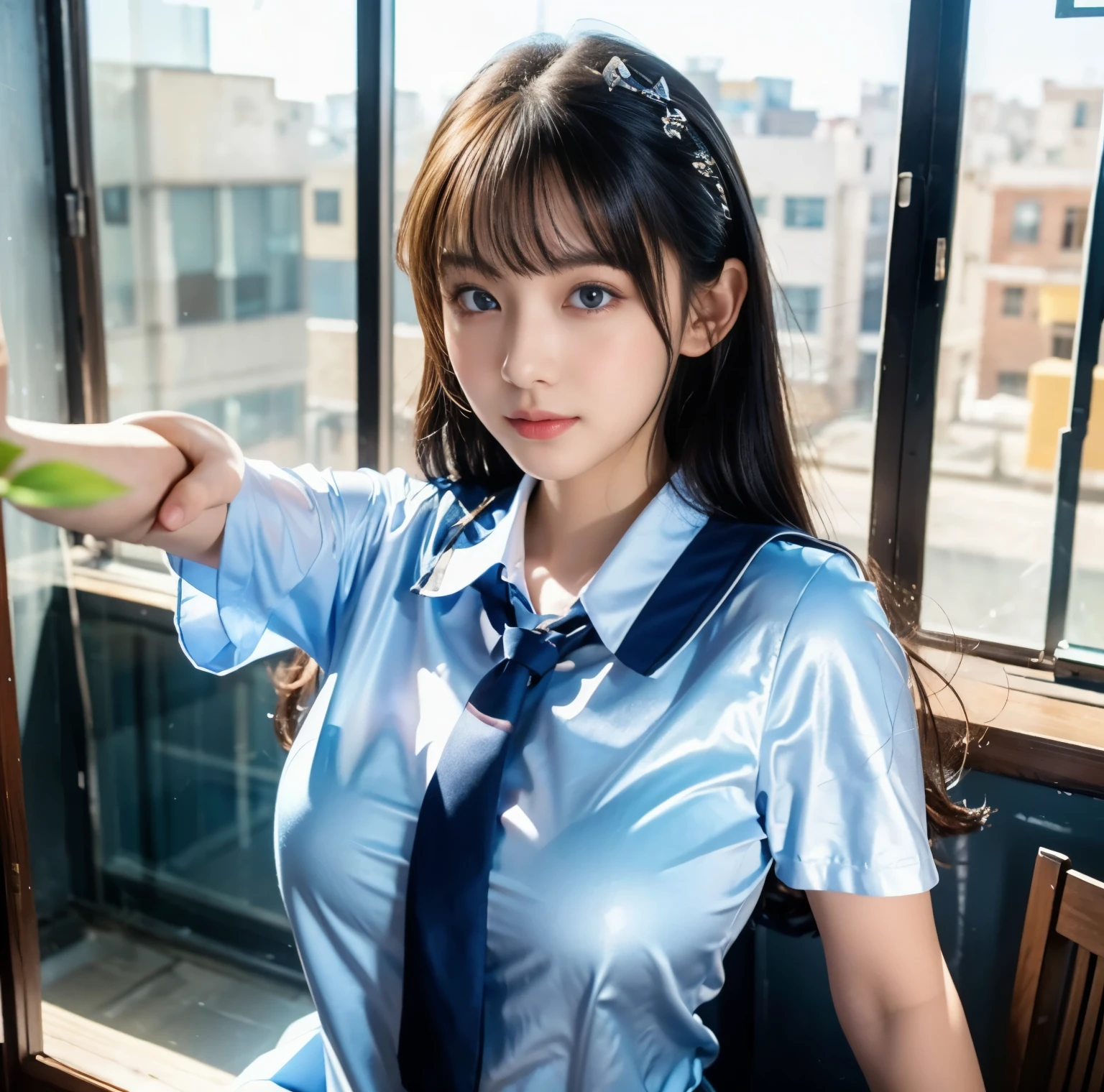8K quality, Masterpiece, Bright lighting without shadows, Two women with Super big breasts standing side by side, (Super big breastsを覆い隠しているブラウスが大きく膨らんでいる:1.3), Whitening skin, Sparkling Blue Eyes, (A uniform with a crimson ribbon tie), Above the knee, (Super big breasts deeply squeezed by hand), Breast Grab, jkmicroskirt, Super big breasts