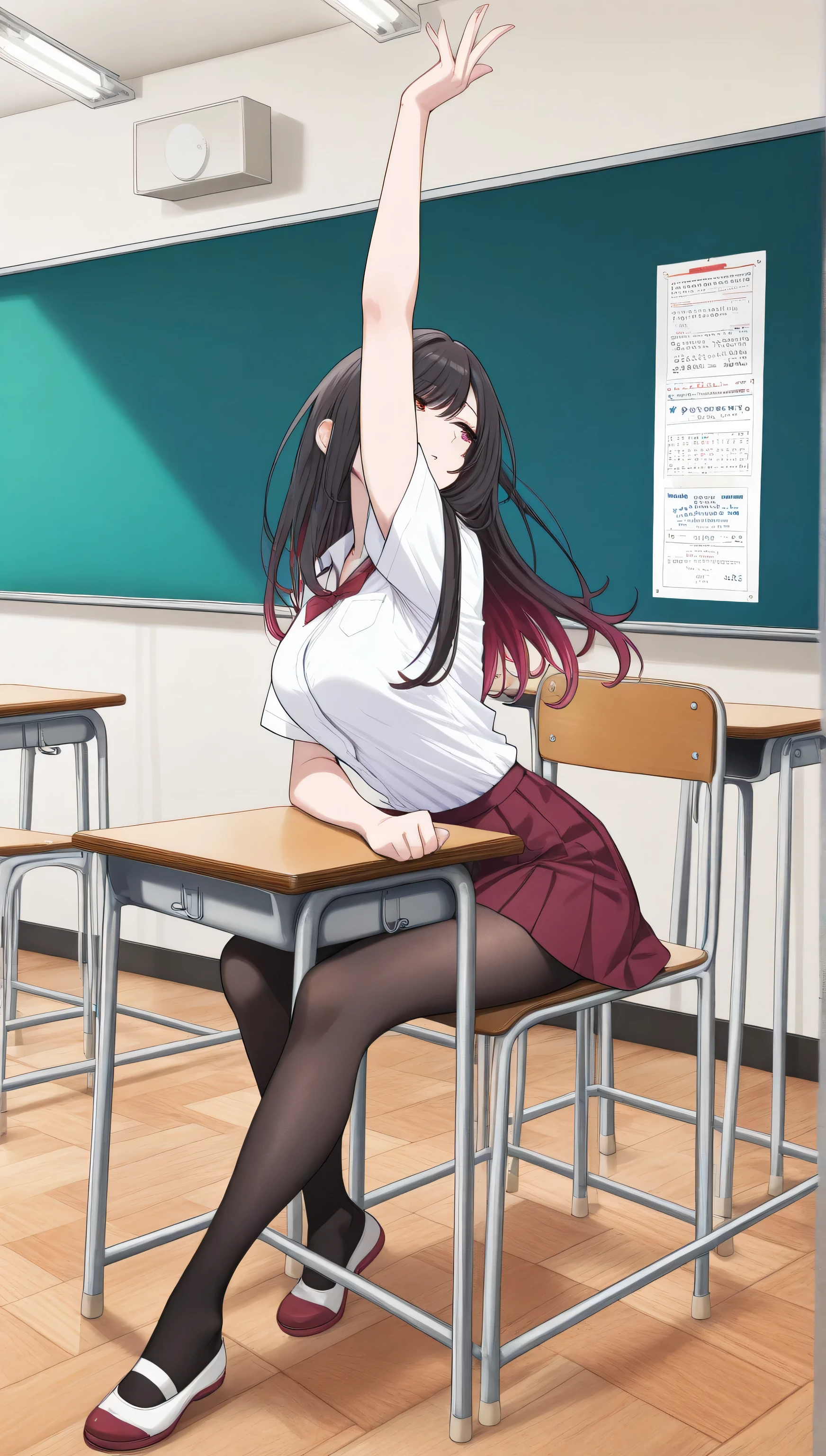 adult women, full body, sitting in a classroom, erotic, dynamic pose, red school uniform, sexdoll:1.0 (masterpiece, best quality), pantyhose, vivid colors, HDR, volumetric Lighting, classroom background, dynamic image,