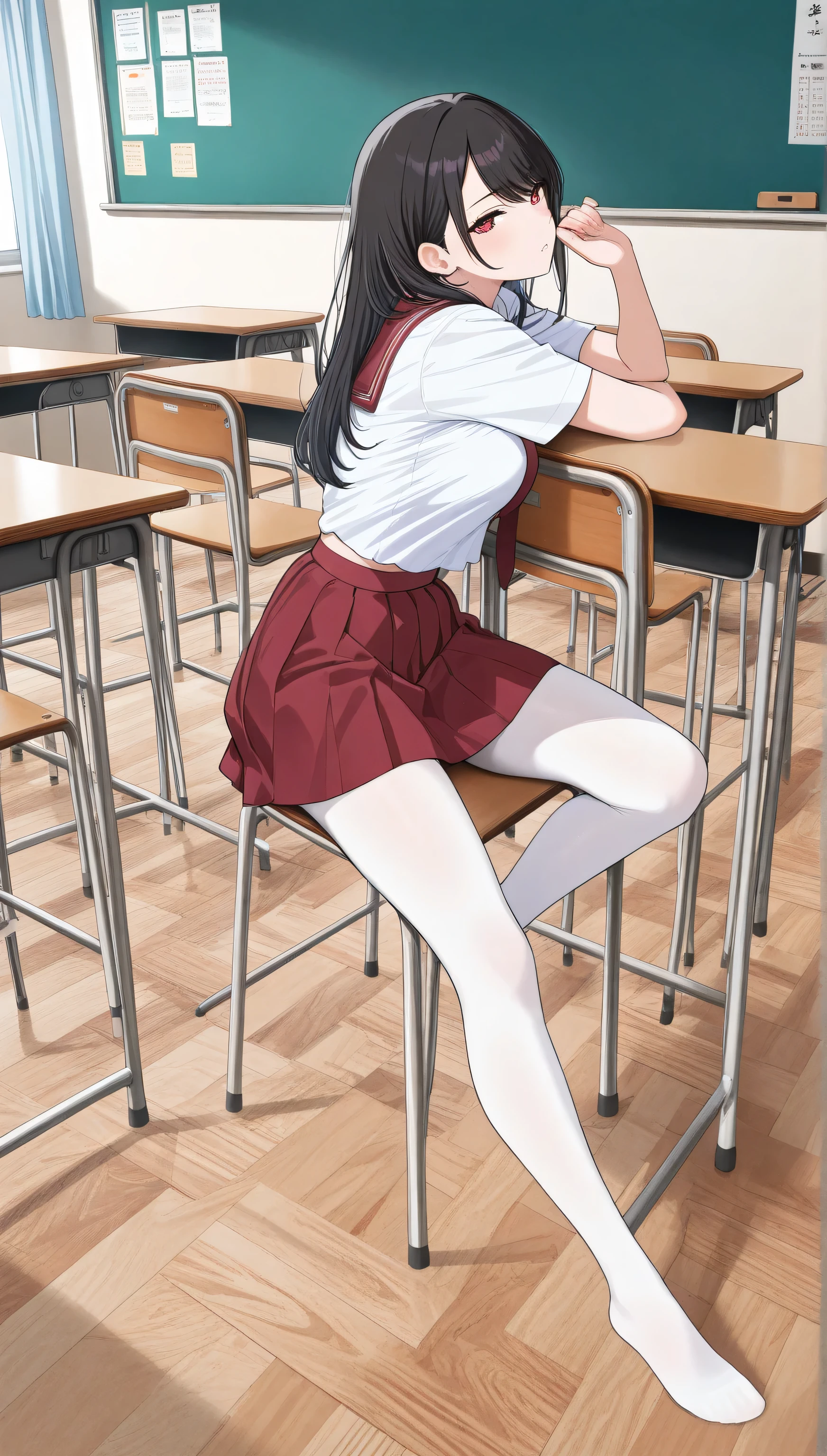 adult women, full body, sitting in a classroom, erotic, dynamic pose, red school uniform, sexdoll:1.0 (masterpiece, best quality), red or white pantyhose, vivid colors, HDR, volumetric Lighting, classroom background, dynamic image, 