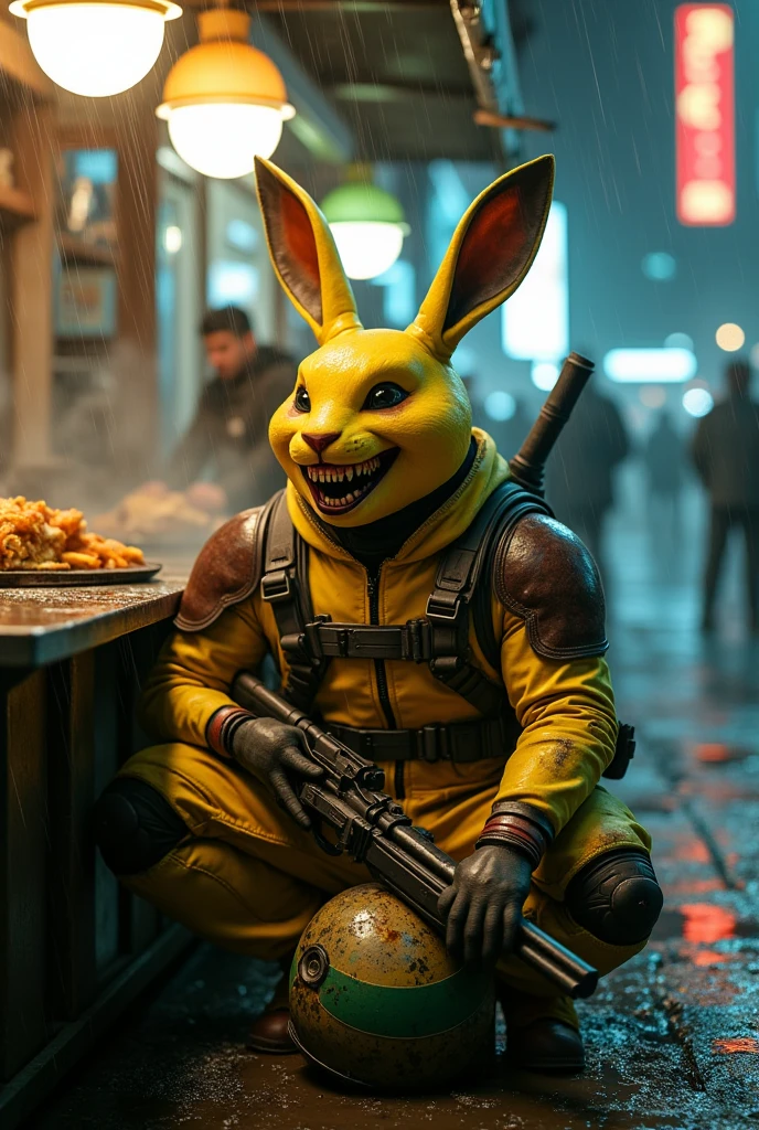 Springtrap, a mechanical rabbit suit with the suit half broken with little blood, holding a bloody knife and a human body trapped inside it. Scenario a pizzeria with blood with some bodies on the floor with some souls coming out of the bodies.