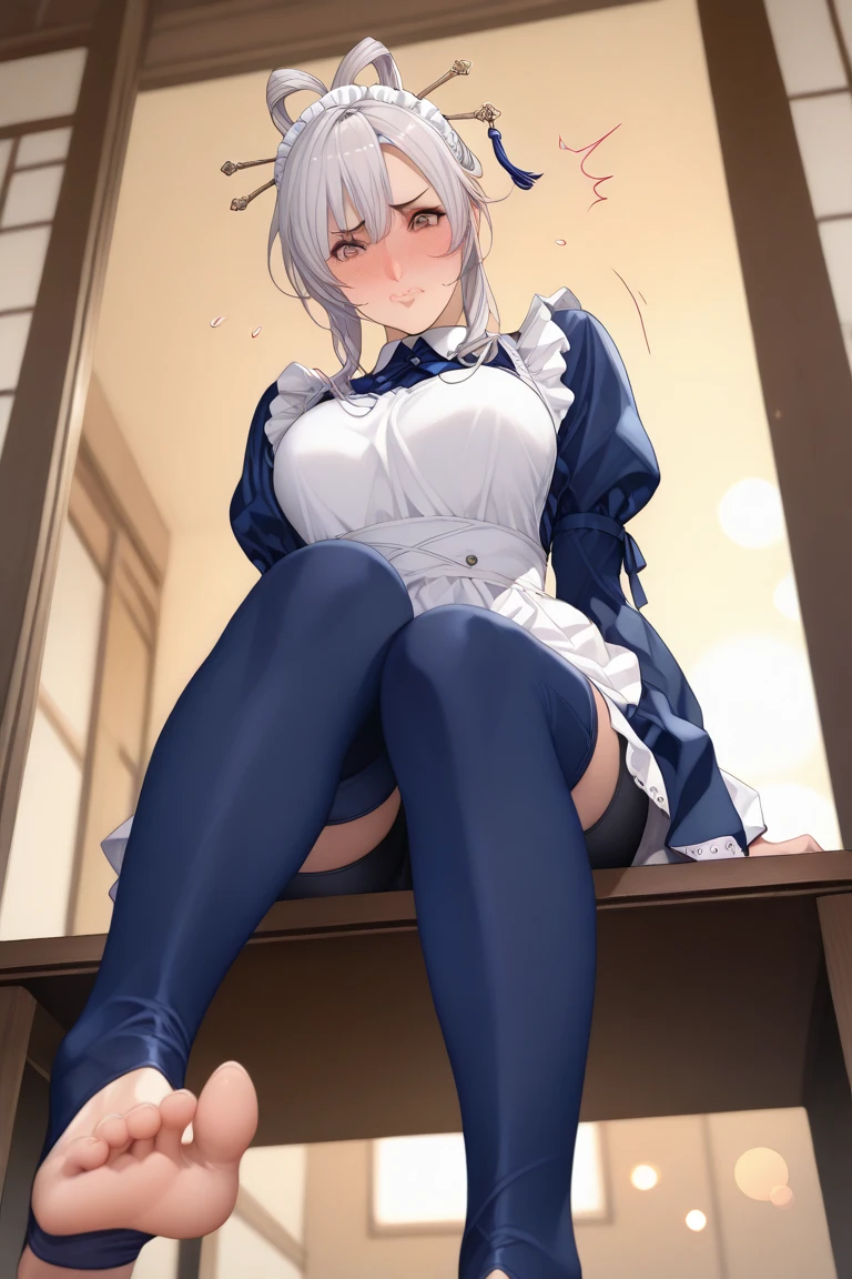 {{best quality}}, {{very aesthetic}}, {{ultra-detailed}}, {{best illustration}}, woman,silver hair,bob cut,green eye,pov,orgasm face,((steam)),1woman,1girl,lace panties,(under black pantyhose),white nurse,from below,hospital