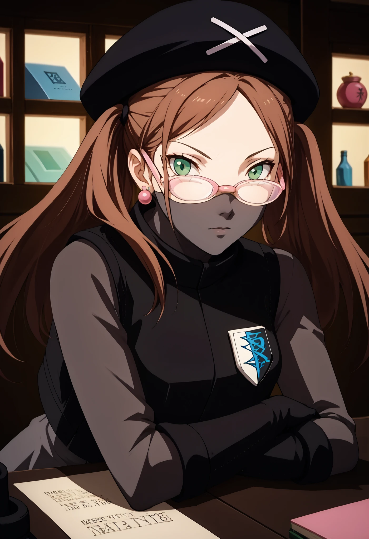 Masterpiece, The best quality at its best, Pink Earrings,Green Eyes, 1 girl, 20-year-old,young woman, masterpiece, Highest quality, Very detailed, black masterpiece, best quality, highres, 1girl, solo, looking at viewer, breast rest, Rise, 1girl, solo, long hair, skirt, brown hair, thighhighs, long sleeves, twintails, brown eyes, earrings, glasses, pink frame eyewear ,black beret, mouth mask, black vest, grey bodysuit, belt, black gloves, black boots