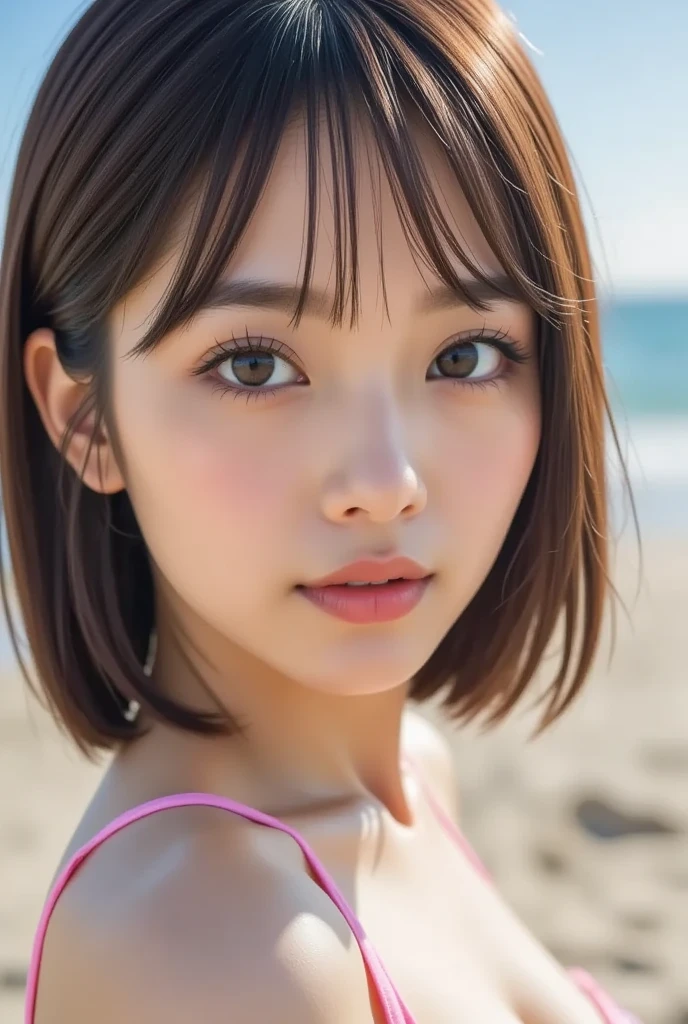 masutepiece, Best Quality, One girl, (Beautiful Girl:1.3), (18 years old:1.3), Very fine eye definition, (Symmetrical eyes:1.3), (Beach, Sit on the sand:1.2), Beautiful breasts, Brown eyes, Parted bangs, Brown hair