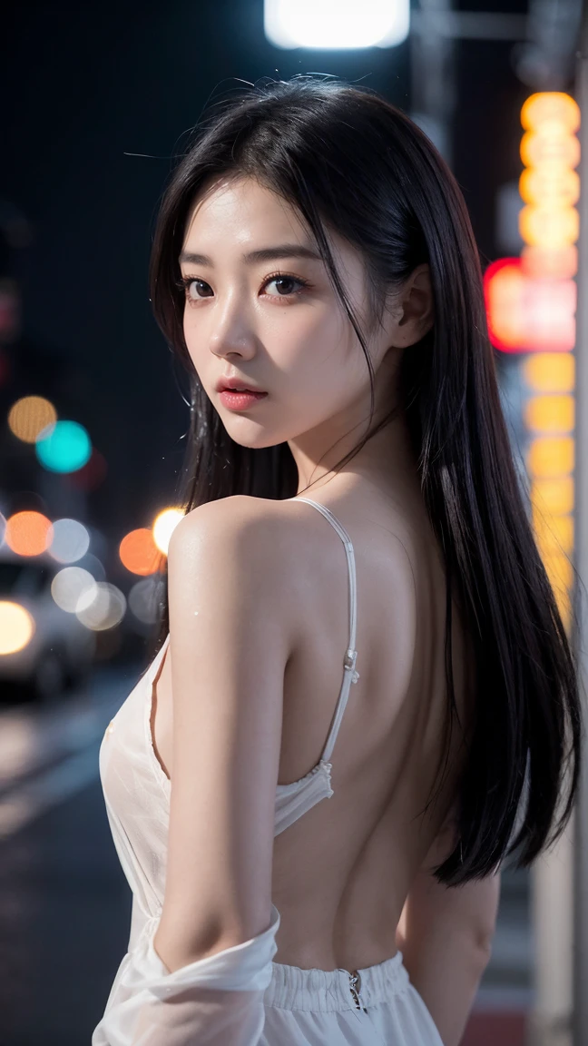 ​masterpiece, top-quality, 超A high resolution, (Photorealsitic:1.4), 32K,beautiful  lighting, Raw photography, 8K UHD, A detailed face, A detailed eye,Detailed eyes,Symmetrical eyes,Good balance between the left and right eyes,no-makeup:1.5,beautiful a girl, Cute little girl s,18year old,(((with round face,a baby face,Young Face, Narrow eyebrows,round upturned nose,Letter to))), (((［Tight long dress that sticks to the body,deep v neck、wearing leather jacket］,Dress with open shoulders,This is a common-sense configuration,Not erotic))),(Colossal tits:1.5,Big buttocks),((sideboob barbosa)),Wearing a back on the shoulder,Late night street corner,Night view of the city, Blurred night view,The night view is blurry,longshot,Facing backwards、Looks Back