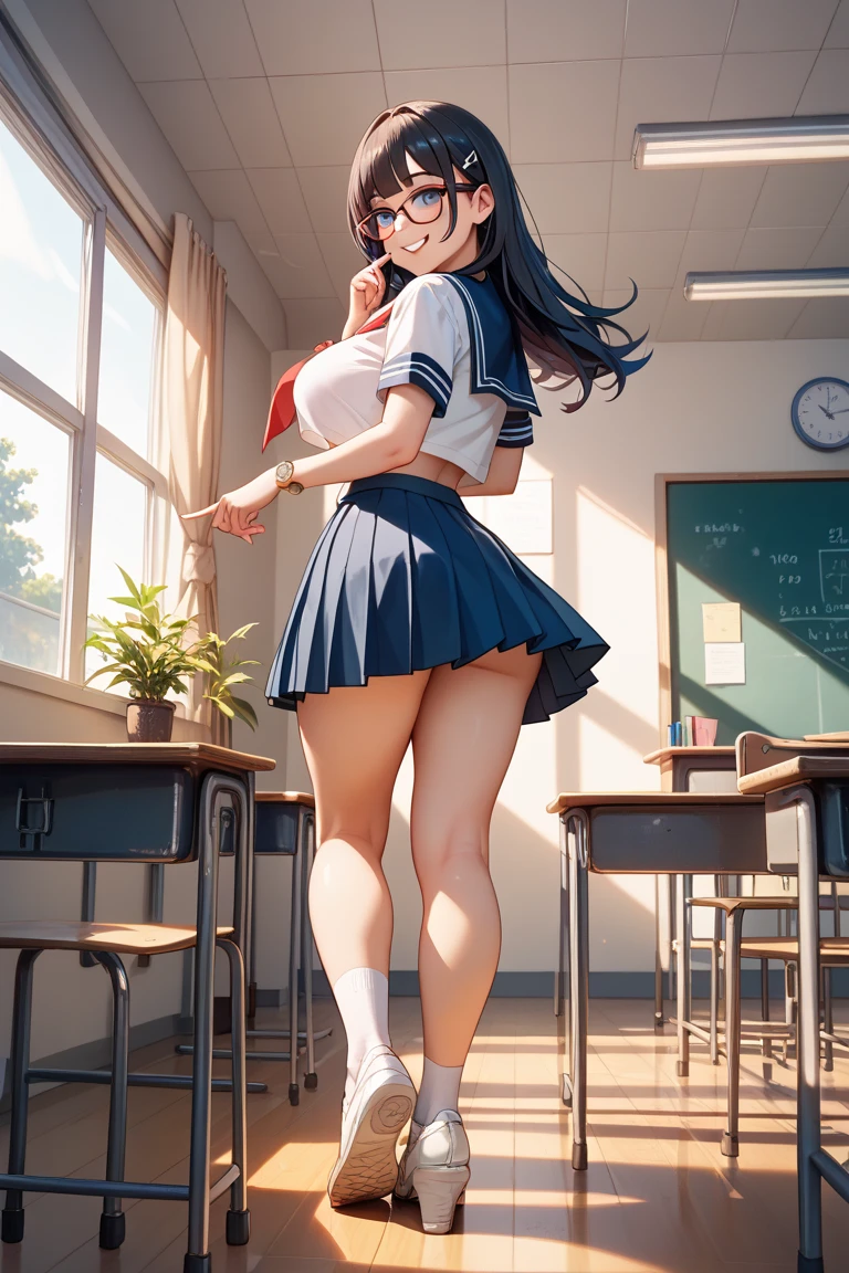 (((masterpiece, Highest quality, High resolution, 超High resolution, Perfect Pixel, Depth of written boundary, 4K, RTTX 10.0))), Beautiful Anime Woman, Beautiful art style, Anime characters, ((Smooth texture, Realistic texture, Anime CG Style)), Exact finger count、Exact number of legs、(Exact number of arms:1.0, Exact number of hands:1.0), (Perfect hands, Perfect Anatomy), Cinematic, Realistic, Extremely detailed CG, Daytime lighting, Perfect lighting, Best Shadow, The best natural light, whole body, Perfect body, Slender body, ((bangs, Dark reddish brown hair, fashionable and cute hairstyle), Long Hair), (Detailed face, Cute Face), (A grown woman standing with her own hand lifting up her skirt:1.7), (Fashionable white shirt, Sailor suit, Navy blue sailor collar, Navy blue knee socks, loafers, Navy pleated mini skirt:1.3)、Angle from the front, ((セクシーなWhite and blue striped panty:1.3), (Glossy satin panties,Lace panties:1.3), (White and blue striped panty:1.3)), (Beautiful big boobs), (The chest area of the shirt is tight:1.2), (Beautiful and thin thighs:1.3), Feeling embarrassed, (blush:1.2), (Very embarrassed look:1.5), (School classroom, Desk and chair, Many male students in the background, The male students are chatting.:1.4)