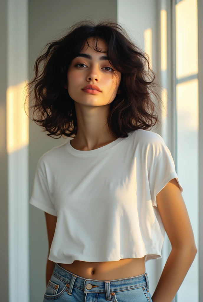 (photo shoot style), sad girl with a beautiful figure ((wears old torn black round neck baggy bTeeshirt)), no print on Teeshirt, short sleeves basic length, black damage jeans, (shy), (((full-length) 26 years old arabian beautiful girl, solo, black, curly and disheveled hair, very detailed face, beautiful black eyes, arab girl, surrounded by an old American ranch, barn, charming, Medium breasts, bouncy breasts, sad eyes, stunningly beautiful, (Rembrandt lighting), Zeiss lens, ultra-realistic, (high skin detail: 1.2), 8k uhd, dslr, Dramatic Rim light, high quality, Fujifilm XT3,