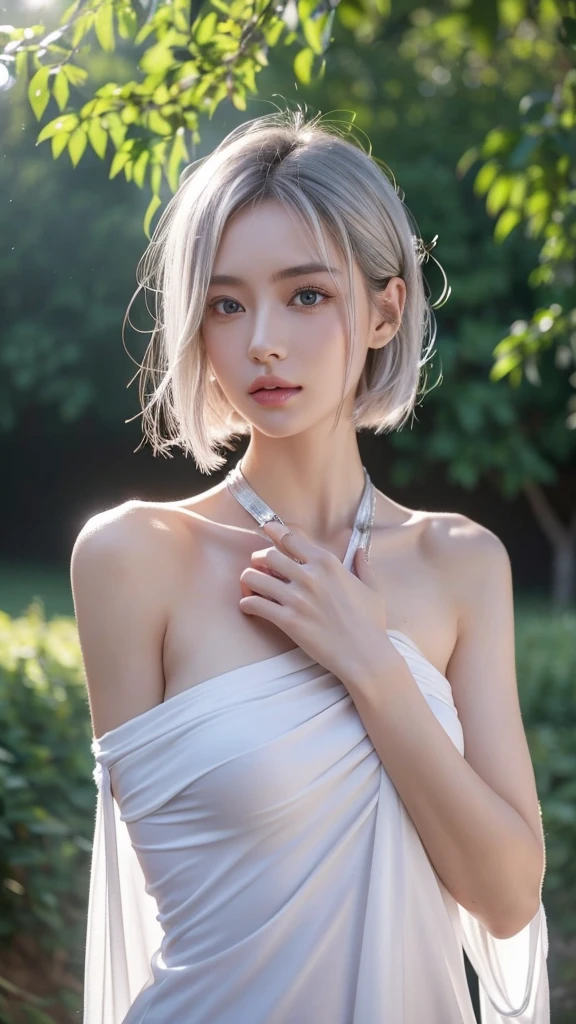 Close-up of a woman with large breasts, girl with short white hair, perfect White hair girl, beautiful asian girl, beautiful asian woman, 白色short hair, short hair, Soft portrait shots 8K, short white hair, Gorgeous Chinese model, White hair, White-haired, beautiful young asian woman, an asian woman, White hair lady