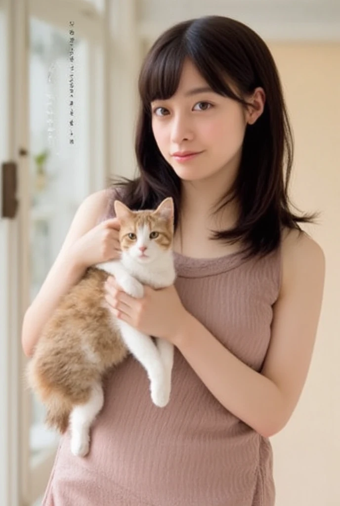((highest quality)), ((masterpiece)), (be familiar with), Perfect Face, Mature Woman, 50 years old, Japanese,  After a, (Cum in mouth), (Open your mouth), Big Breasts, Large areola, Erect nipples, Round Small face, Big Nose, Slit eyes, Cat-like eyes, , Big Ass, Full body image, Tank top, Thin fabric hot pants,bra, Wavy Short Hair,