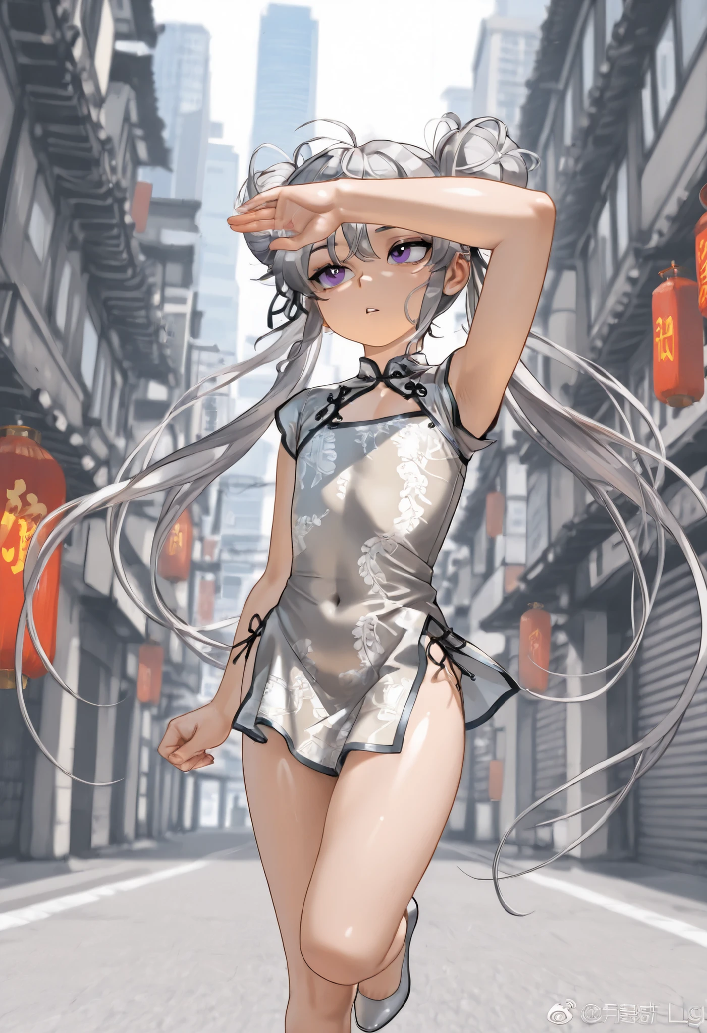 8k、 masterpiece、最High Quality、Highest Level、ultimate image quality、complicated details、high resolution、 depth field、natural light、Professional Lighting、(1 girl), (DYNAMIC POSE:1.3)、Animated works, fight scene, The blathead, (Xihua Street, Big city background), Very Beautiful Cartoon Girl、white china dress, (Flat :1.3), (perfect ), beautiful purple eyes、thick eyes, Shiny Silver Hair, long hair, toe hair, twin tail, hair covering one eye, messy hair, Xihua Street, (natural light:1.3)、(accurate and detailed china dresses:1.3), (natural light:1.3)、最High Quality、masterpiece、Official Art、High Quality、high resolution、epic scene, very detailed、Thorough、超high resolution、8k, Professional Quality、perfect lighting、anatomically accurate、