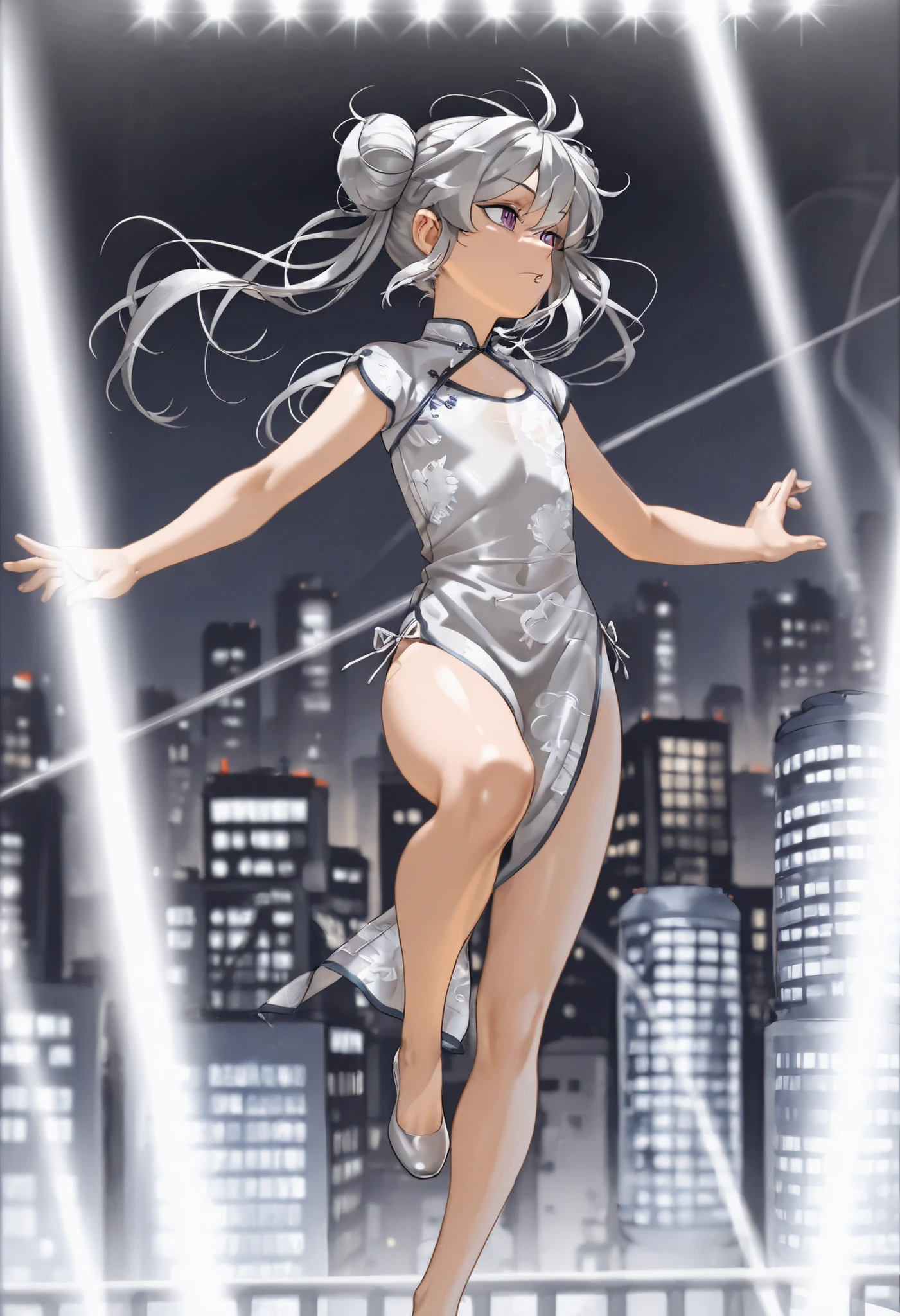 8k、 masterpiece、最High Quality、Highest Level、ultimate image quality、complicated details、high resolution、 depth field、natural light、Professional Lighting、(1 girl), (DYNAMIC POSE:1.3)、Animated works, fight scene, The blathead, (Xihua Street, Big city background), Very Beautiful Cartoon Girl、white china dress, (Flat chest:1.3), (perfect anatomy), beautiful purple eyes、thick eyes, Shiny Silver Hair, long hair, toe hair, twin tail, hair covering one eye, messy hair, Xihua Street, (natural light:1.3)、(accurate and detailed china dresses:1.3), (natural light:1.3)、最High Quality、masterpiece、Official Art、High Quality、high resolution、epic scene, very detailed、Thorough、超high resolution、8k, Professional Quality、perfect lighting、anatomically accurate、