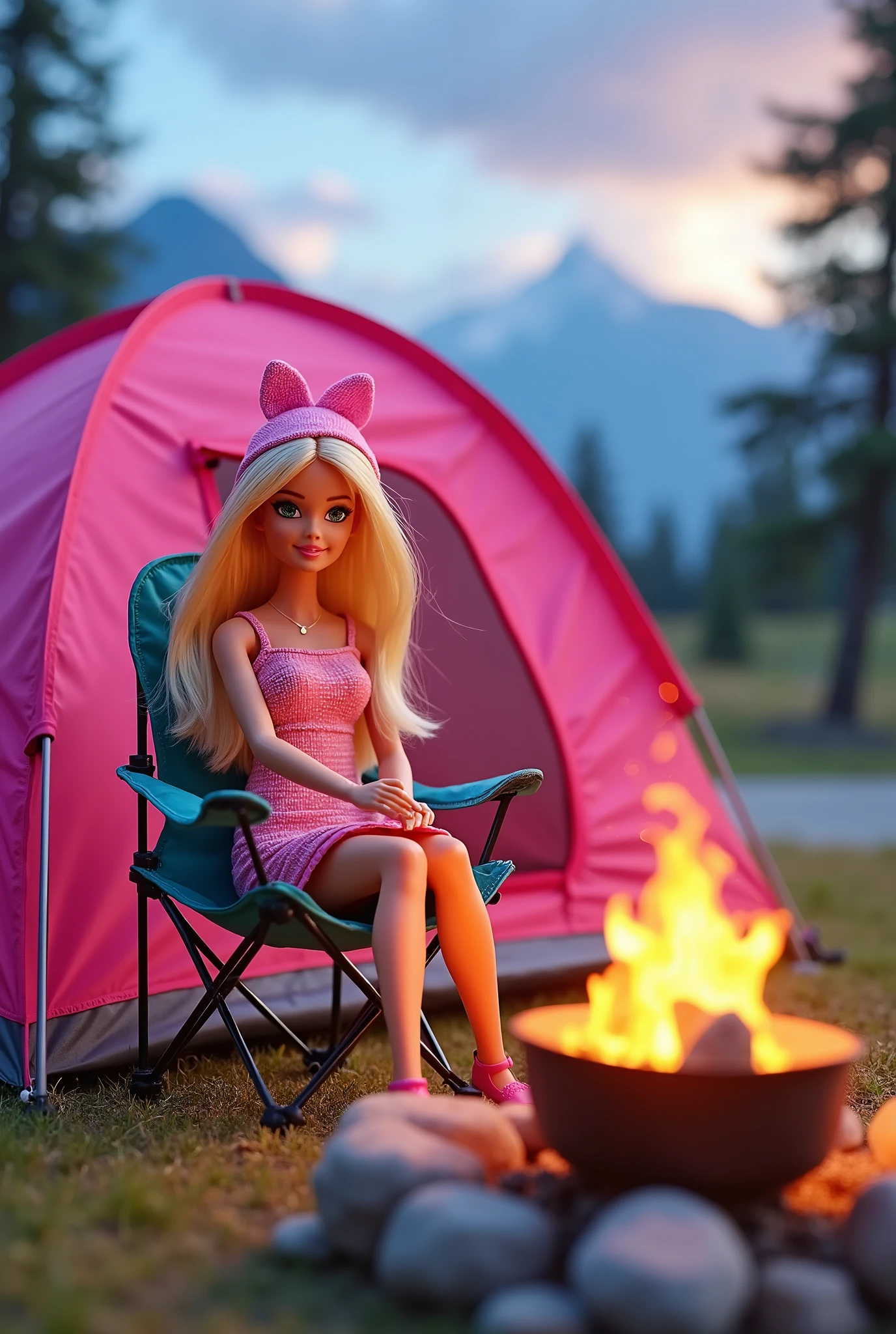 Create a vibrant scene featuring a Barbie doll camping in a picturesque landscape. She is sitting on a camping chair in front of a pink tent, enjoying a barbecue by a cozy campfire. The atmosphere should be lively and colorful, capturing the essence of a fun outdoor adventure.