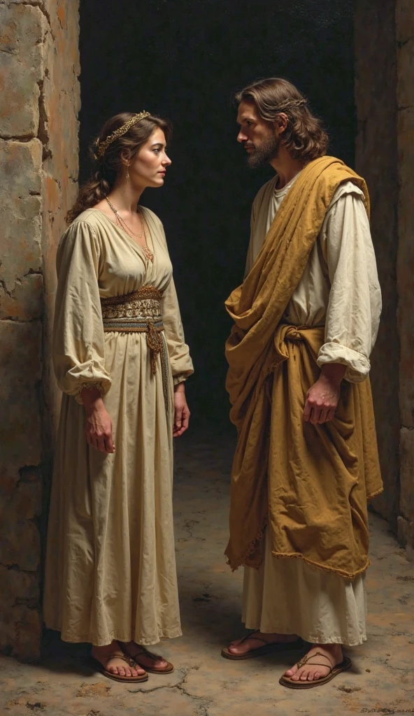 a happy jewish woman holding a coin in an ancient israeli house from the 1st century, a shepherd with a sheep in the background, two men embracing beside them, photorealistic, highly detailed, ultra-realistic, cinematic lighting, warm color tones, dramatic composition, masterpiece