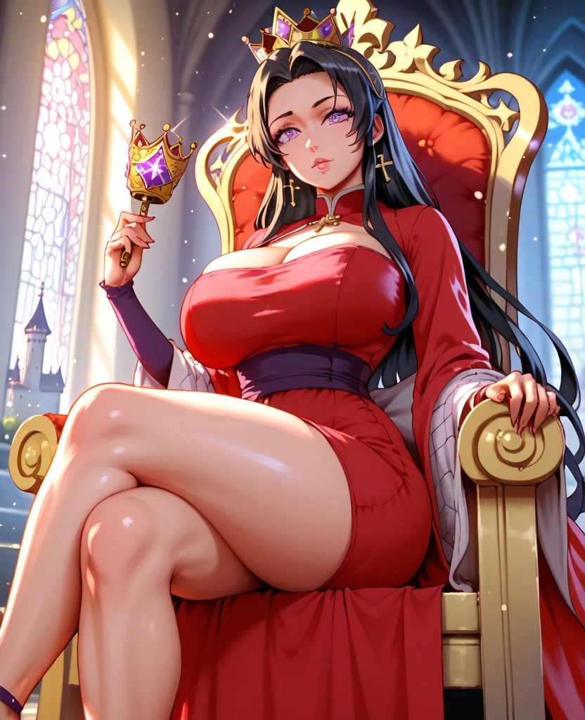Boa Hancock,sitting on the throne, whole body,crossed legs, big breasts,I look at the viewer,I look with pity,a high resolution,High quality, masterpiece ,sfw,sexy, mocking , mocking smile,hold viewer on leash,leash in hand, white heels