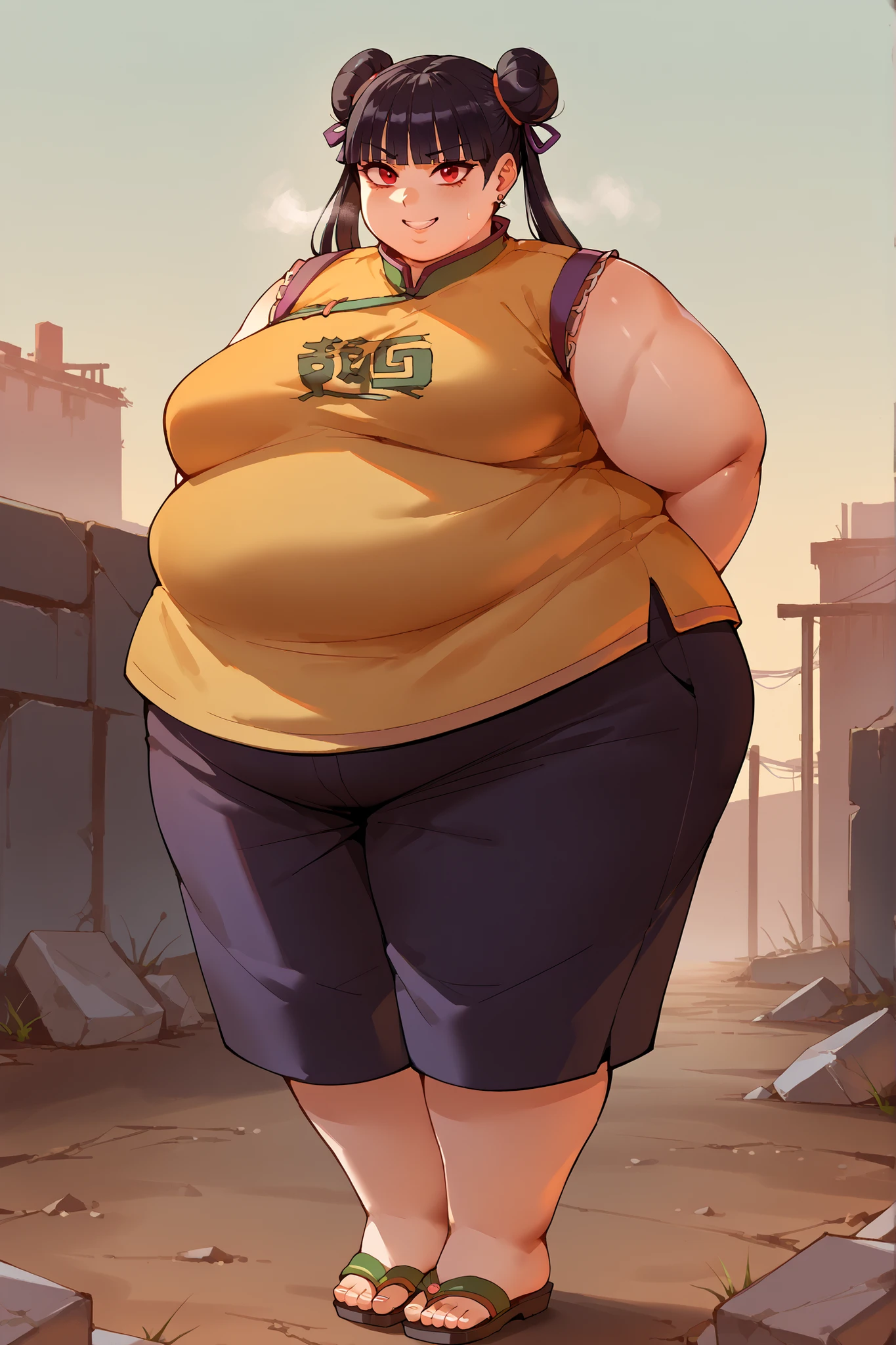 score_9, score_8_up, score_7_up, score_6_up, score_5_up, score_4_up, BREAK, source_anime,
1girl, black hair, blunt bangs, double bun, long hair, red eyes, twin tails, breasts
purple cheongsam, sandals, SSBBW, fat, 500 lbs.,
hands behind back, smile, full body, looking at viewer, solo, outdoors, wasteland   