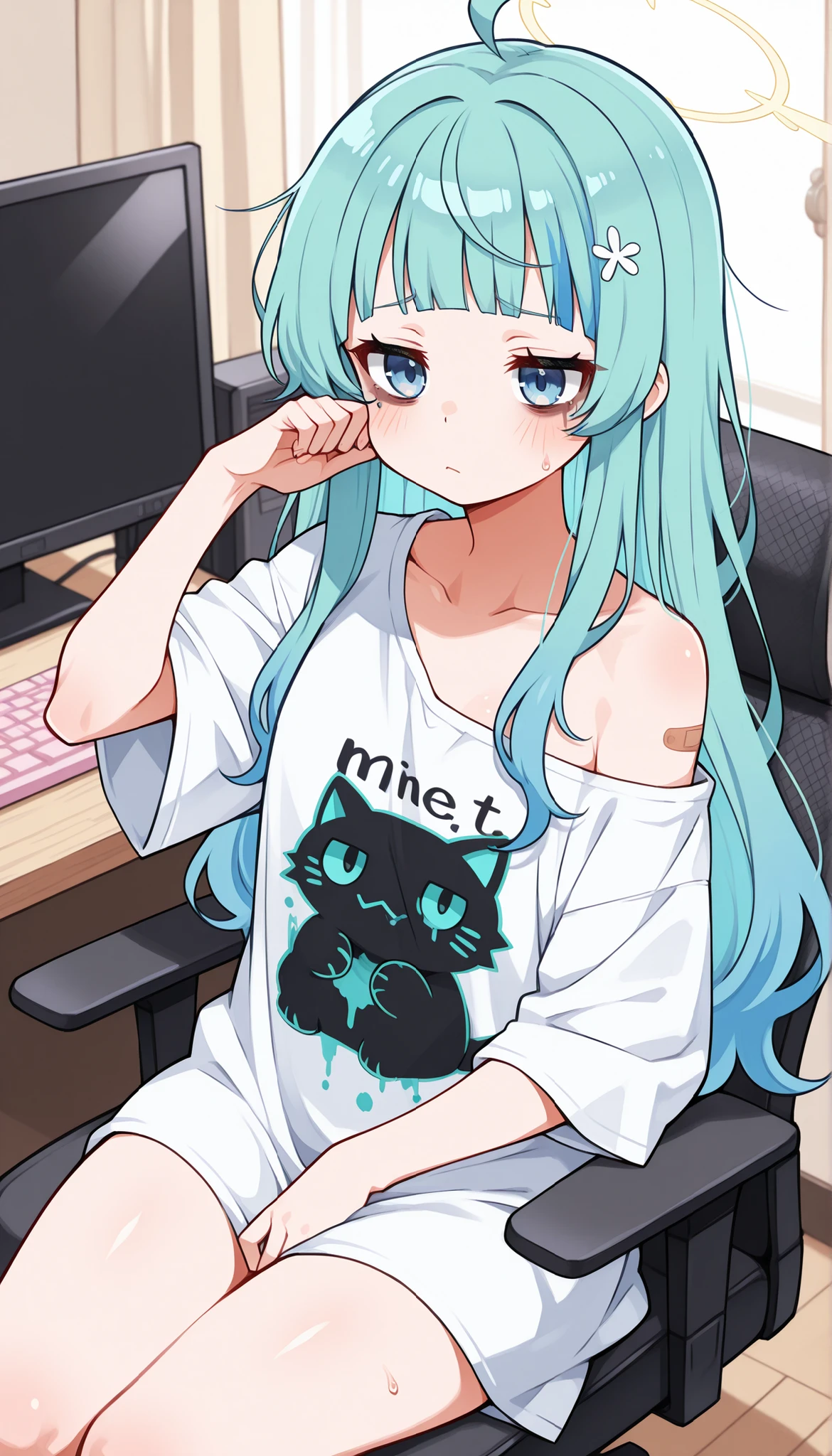 Gamer girl. on the computer, mint-colored hair. tired look, bruises under the eyes, big t-shirt, the t-shirt falls off the shoulder, revealing the chest
