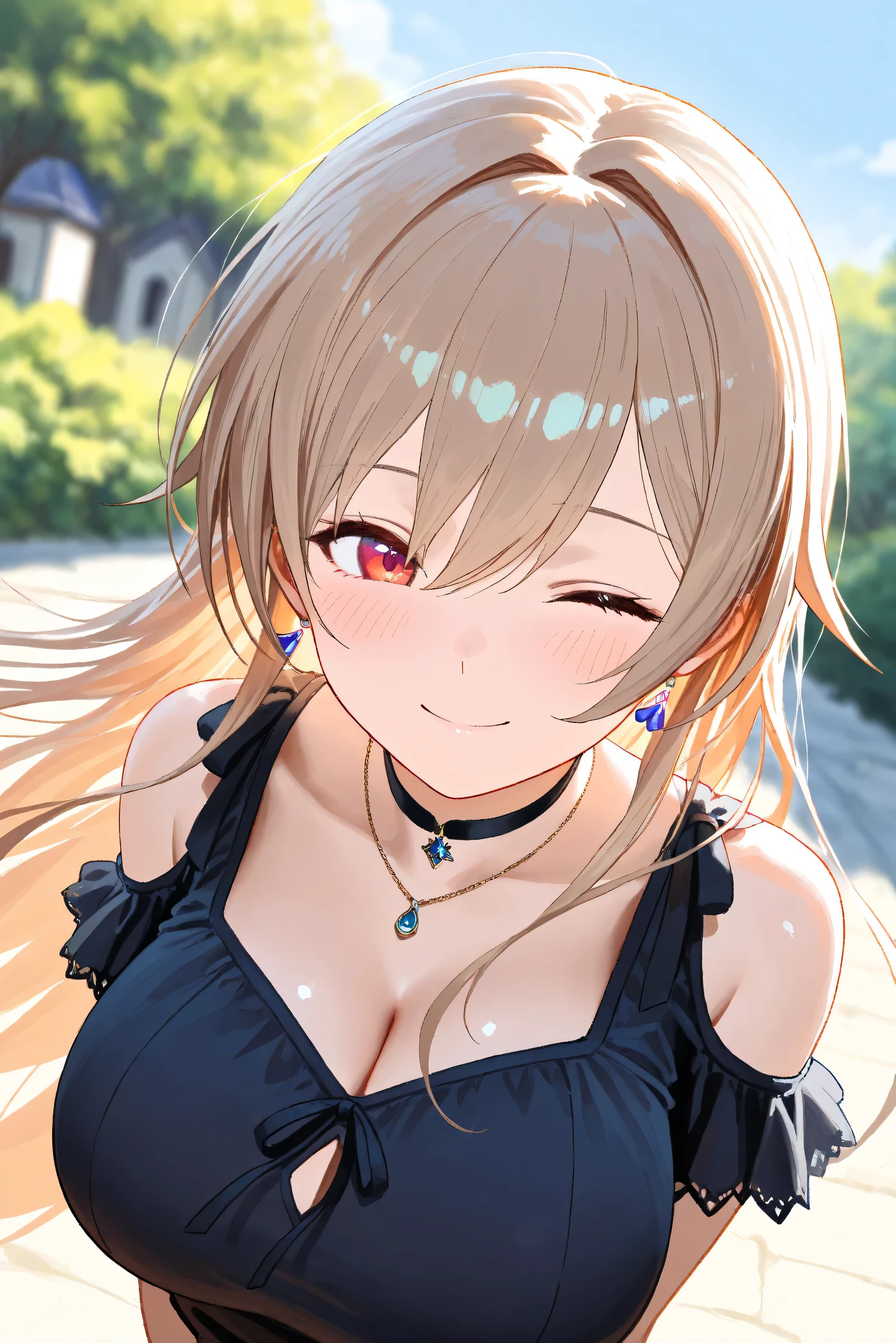 (Masterpiece), (Highest quality), (Very detailed), 
(The best shape), (Best Shadow), (Absurd), 
(Detailed background), (So beautiful), Shiny , 
Extraordinary, Countershading, 8k, 32K, High resolution, Beautiful eyes in every detail,
Very Detailed CG, UHD,

Score_9, Score_8_up, Score_7_up, Source_anime, 
(Pastel painting:1.2), (Watercolor painting:1.2),
(Masterpiece, Detailed:1.2), (Foreshortening:1.2),

Cinematic, Dramatic, (Depth of field:1.4),
(Blurry background:1.4), (Realistic background:1.4),
(Foreshortening:1.3),Dynamic angle, 1 girl,
fantasy background, Outdoor, Nature, Wind, blue sky,
fantasy buildings,

Furen E Lustario,
Nijisanji, virtual youtuber,
frnel, very long hair, blonde  hair, brown hair, bangs, red eyes, hair between eyes, large breasts, 

casual wear,  black shirt, ribbon tie, clothing cutout, shoulder cutout, black choker, bare shoulders, jewelry, (Purple earrings:1.1), necklace,

portrait, focus on face, close up shot,
(Blush:1.3), happy, smile, one eye closed,
Realistic skin, Shiny skin,