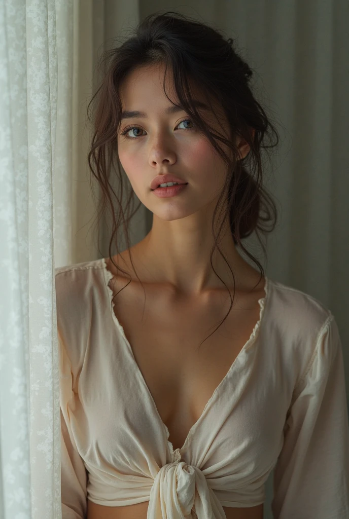 ((Highest quality, 8K, Ultra-high resolution)), ((masterpiece: 1.3)), (Perfect appearance), (Photorealism: 1.6), (JMA), (KE), (Mature Woman:1), ((Portraiture:1.5)), Cross Arm, Wet white shirt, melancholy, In the room. 40 year old asian woman wearing old thin shirt with high V. The shirt was open at the front.Her shirt was hanging off one shoulder、I wasn't even wearing underwear.。 (masterpiece), Highest quality, Expressive eyes, Perfect Face
