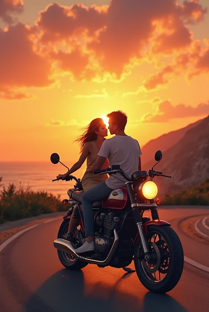 Couple kissing passionately on motorcycle at beach at dusk 
