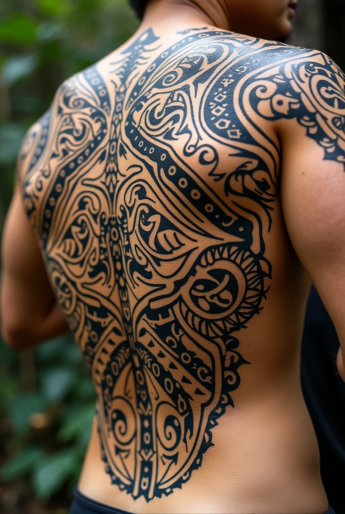 Athletic man, he has a tattoo on his shoulder in a combined Polynesian and Tribal style. A tattoo on the shoulder contains patterns located parallel to the deltoid muscles and occupies only the shoulder, then the patterns move from shoulder to elbow