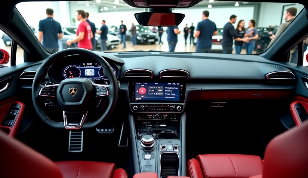 "Highly detailed and realistic interior of 2026 Lamborghini Urus modern car, showcasing a luxurious with digital displays, front view a sleek steering wheel featuring a Lamborghini  logo, high-tech controls, and a premium finish. The environment is well-lit, with the background showing an auto showroom or event with blurred people and cars visible."
