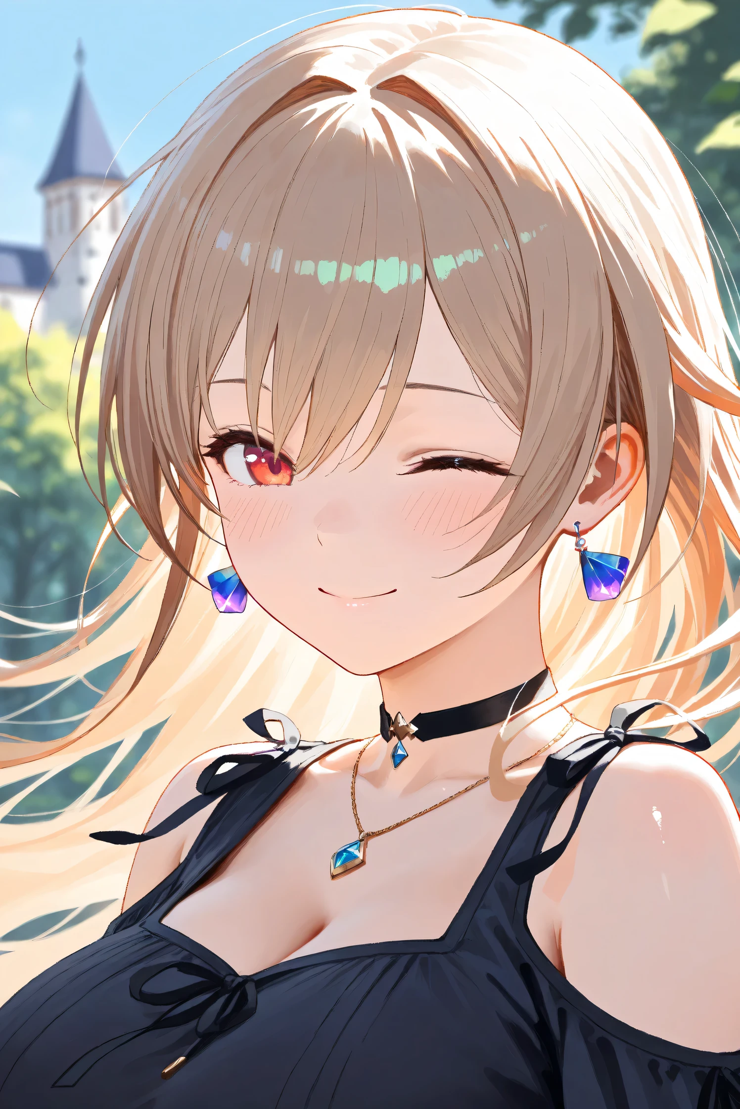 (Masterpiece), (Highest quality), (Very detailed), 
(The best shape), (Best Shadow), (Absurd), 
(Detailed background), (So beautiful), Shiny , 
Extraordinary, Countershading, 8k, 32K, High resolution, Beautiful eyes in every detail,
Very Detailed CG, UHD,

Score_9, Score_8_up, Score_7_up, Source_anime, 
(Pastel painting:1.2), (Watercolor painting:1.2),
(Masterpiece, Detailed:1.2), (Foreshortening:1.2),

Cinematic, Dramatic, (Depth of field:1.4),
(Blurry background:1.4), (Realistic background:1.4),
(Foreshortening:1.3),Dynamic angle, 1 girl,
fantasy background, Outdoor, Nature, Wind, blue sky,
fantasy buildings,

Furen E Lustario,
Nijisanji, virtual youtuber,
frnel, very long hair, blonde  hair, brown hair, bangs, red eyes, hair between eyes, large breasts, 

casual wear,  black shirt, ribbon tie, clothing cutout, shoulder cutout, black choker, bare shoulders, jewelry, (Purple earrings:1.1), necklace,

portrait, focus on face, close up shot,
(Blush:1.3), happy, smile, one eye closed,
Realistic skin, Shiny skin,