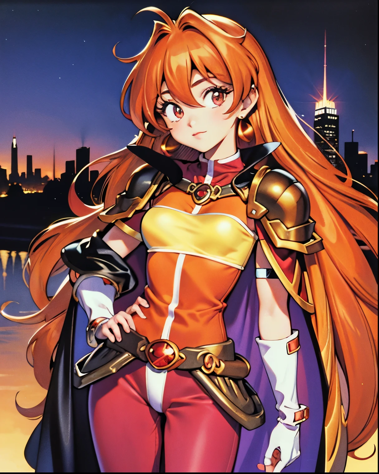masterpiece, best quality, Super Detail, shape, one girl, 1990s \(style\), one girl, Bell, earrings, jewelry, ((Lina Inverse)), long hair, viewer, medium breasts, female, orange hair, maroon hair, long hair, Shoulder Armor, cowboy shot, yellow trim:1, headband, white footwear, transparent ear covers, White trim, brooch, red pants, Shoulder Armor, tooth, cape, 1990sアニメstyle, beautiful hair, wide shiny hair, beautiful skin, detailed face and eyes, glossy lips, slender body, standing, city background, dutch angle,