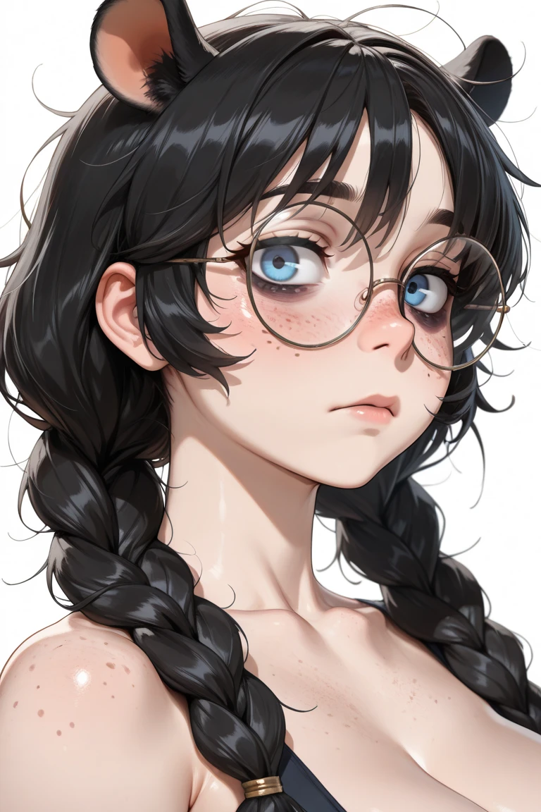 (highest quality:1.2, Very detailed, up to date, Vibrant, Ultra-high resolution, High Contrast, masterpiece:1.2, highest quality, Best aesthetics), Portraiture、girl、((25-years-old:1)), Bright colors、Beautiful fine details、Beautiful lip detail、((nsfw:1.3)), nude, girl, restrained, rope, thick nipples, short hair、black hair, ((Long bangs:1)), messy hair, brown eyes, (thick black frame glasses:1), looking up, gold earrings, ((slim body:0.6)), (big breast:0.7), (dark skin:0.5), (white background:1.5), ((no background)), from above, (upper body:1),