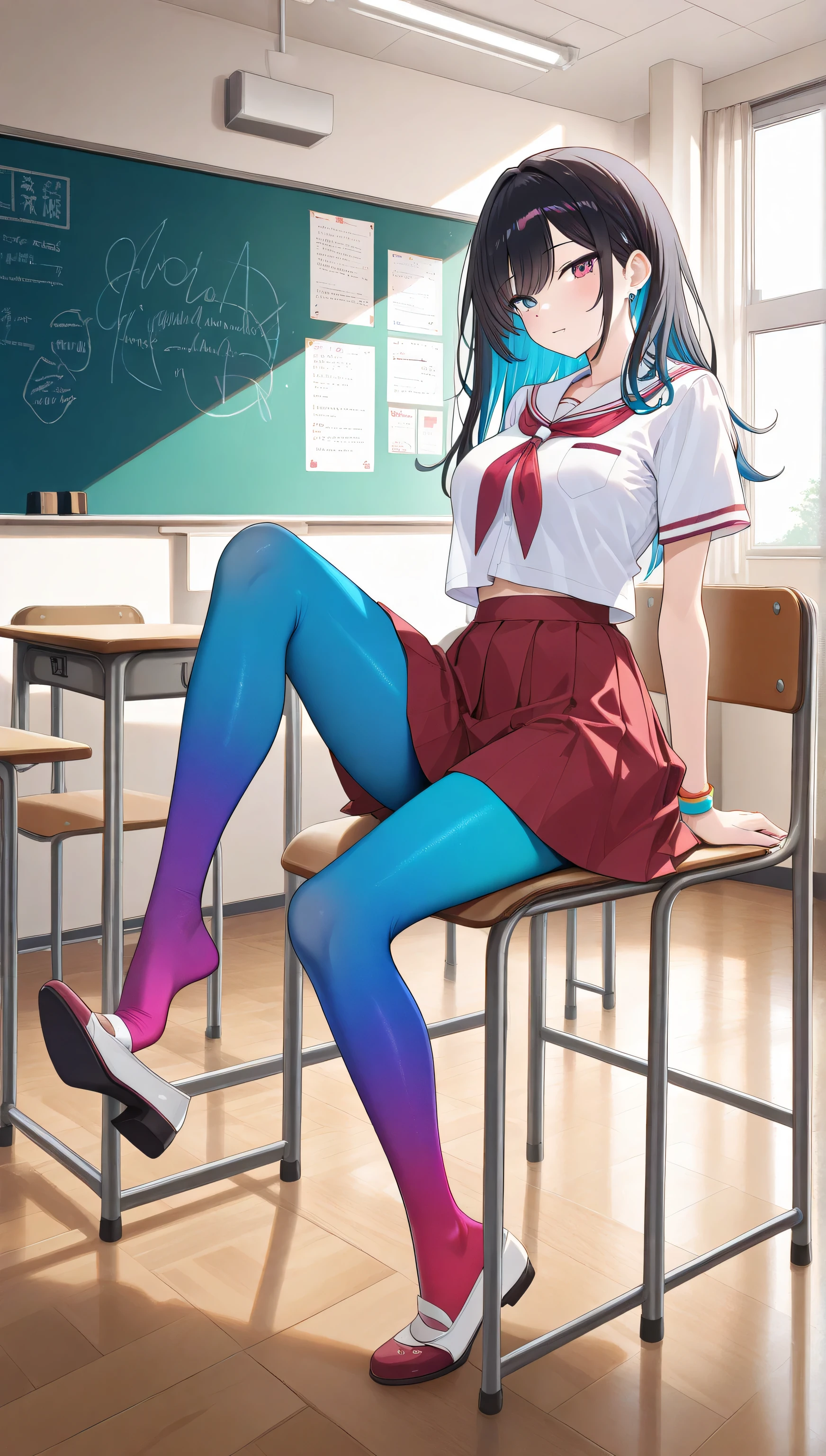adult women, full body, sitting in a classroom, erotic, dynamic pose, red school uniform, (masterpiece, best quality), colorful pantyhose, vivid colors, shoe dangle:1.0, HDR, volumetric Lighting, classroom background, dynamic image,