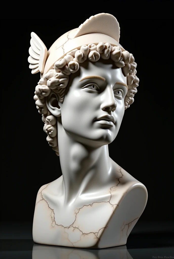 A close-up of a classical marble statue of a young man with a cap on his head, wearing a draped cloak. The statue is black and white