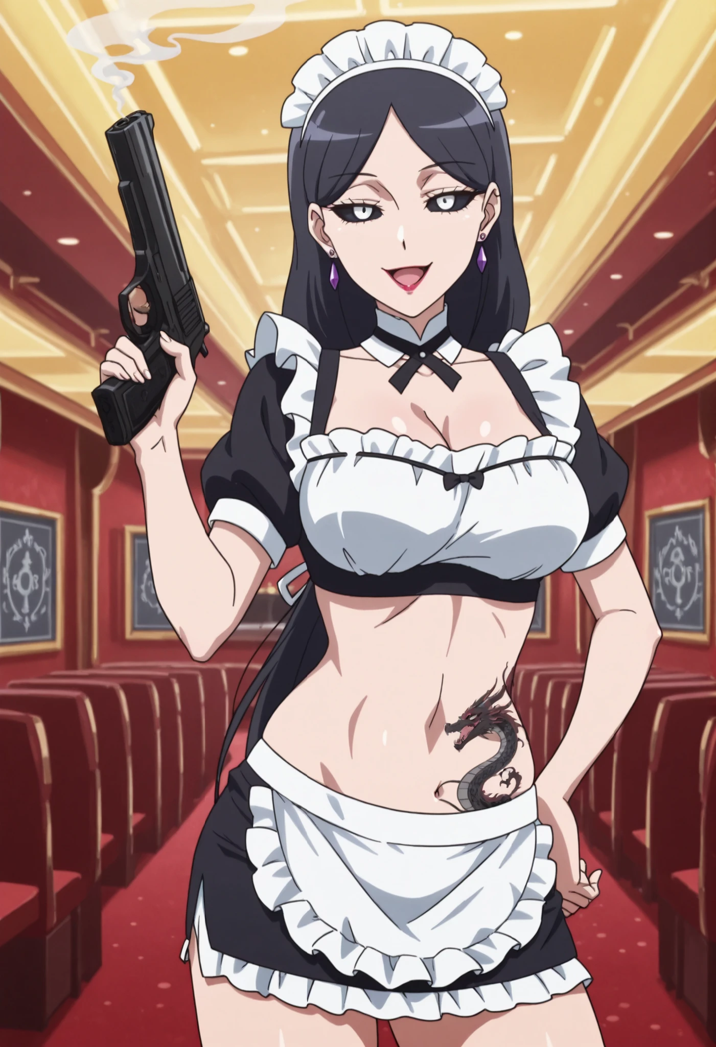 1girl, solo, purple-black hair, beautiful detailed lips, large breasts, blunt bangs, morda, jewelry, earrings, complex detailed background, casino environment, fancy interior environment, rich
interior, masterpiece, best quality, highly detailed, a anime girls in maid uniforms with a gun posing for a
picture, maid outfit, cleavage, evil smile, smile, open mouth ,ecchi anime style, anime girls, ecchi style,
ecchi, digital anime art!!, in anime style, official artwork, (nsfw) not safe for work, beautiful anime maid
girl, anime style 4 k, micro skirt, exposed belly, exposed navel, exposed midriff, exposed lower belly,
holding a gun