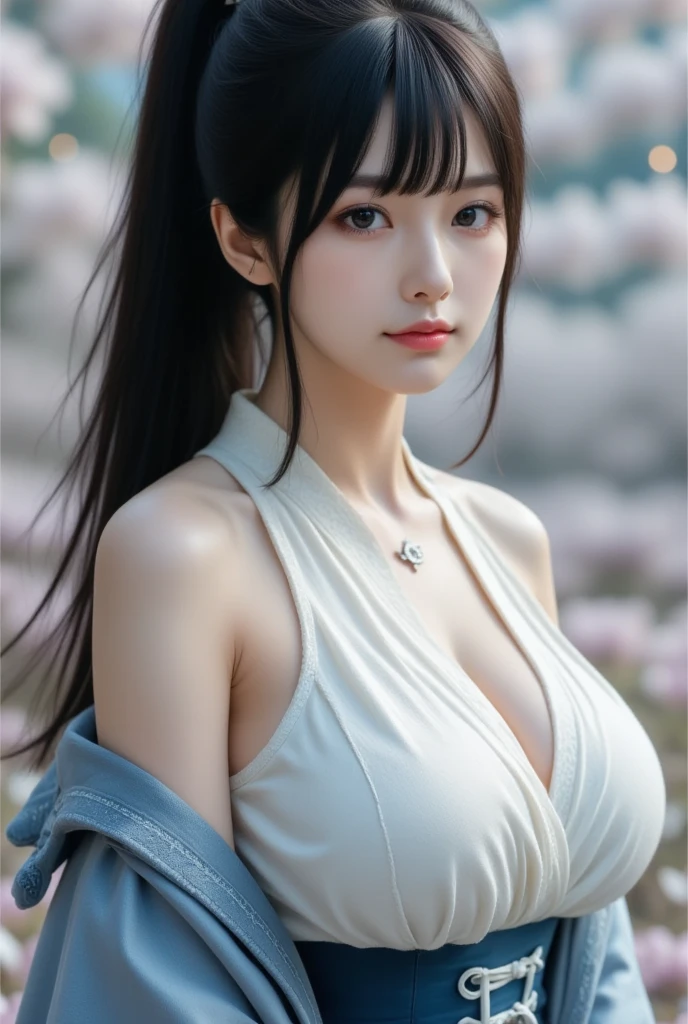 1 girl , big long hair, Bun hairstyle, Upper Body, Close-up photo, facing the camera, D cup breasts, Bulge on chest, angry, Cheeks puffed up, rain , Street View.