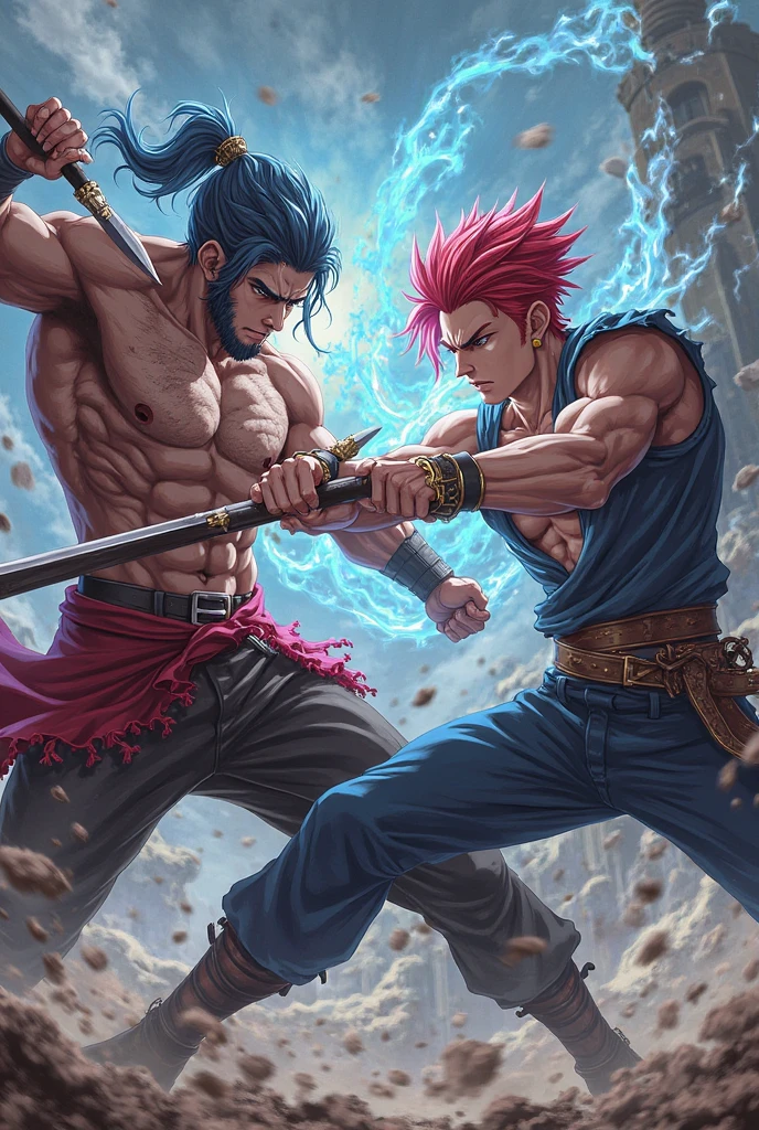 Make a movie post of a fight between Gojo and Sukuna, que tenha as cores azul- vermelho e roxo e que tenha aspecto de cortes