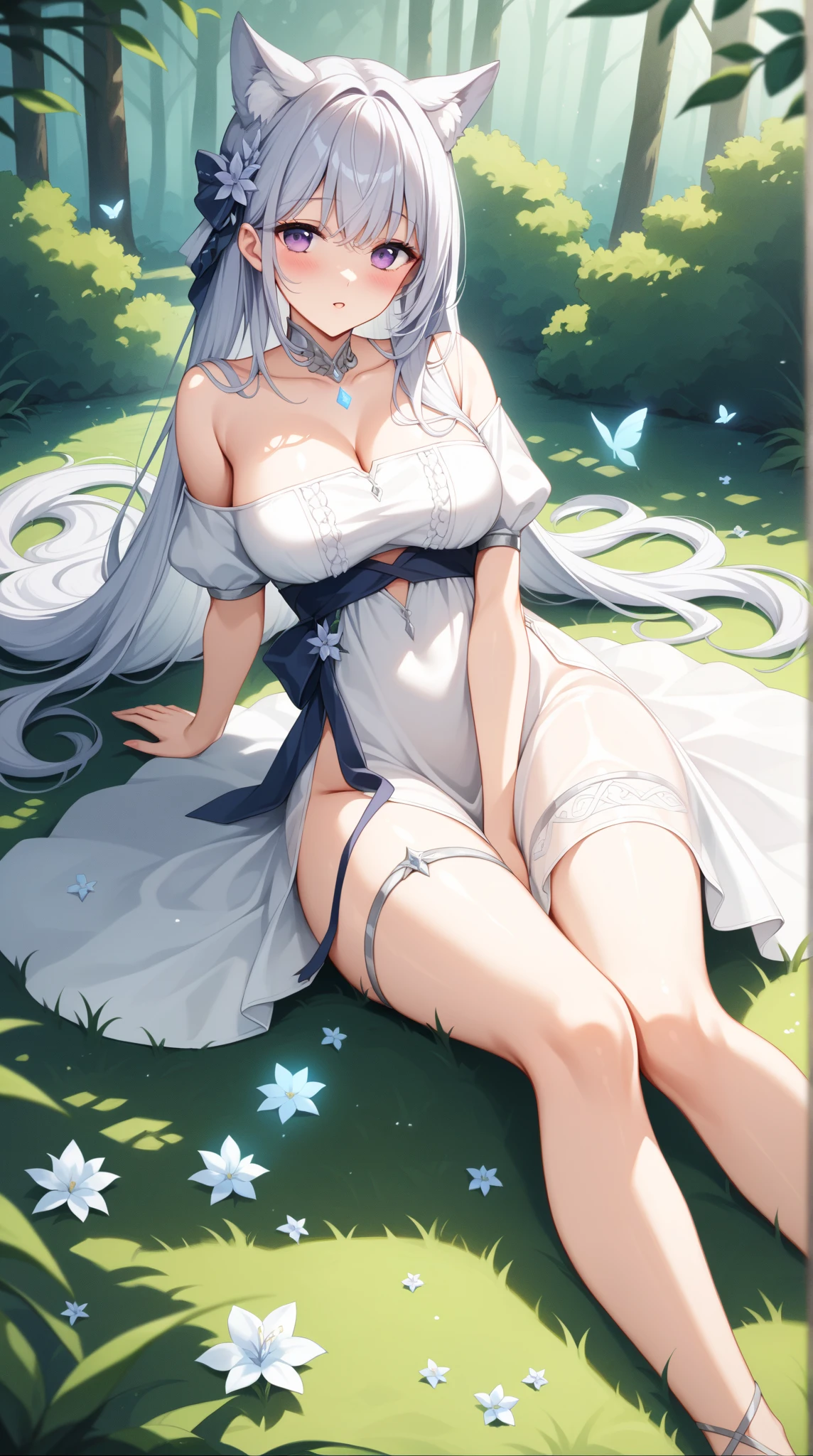 (Highly detailed CG Unity 8K), (best quality),(Very detailed),(ultra high resolution), Extremely detailed faces,handcuffs,collar,fox ears,1 female, White cloth gag, , White latex lace bikini, rope, breasts rope, hands back rope, leg rope, thigh rope, bust rope, feet rope, Place your arms behind your waist, tie wrists, ankle, black hair, straight hair, lying on the grass,BDSM,Bright meadow,wilderness,