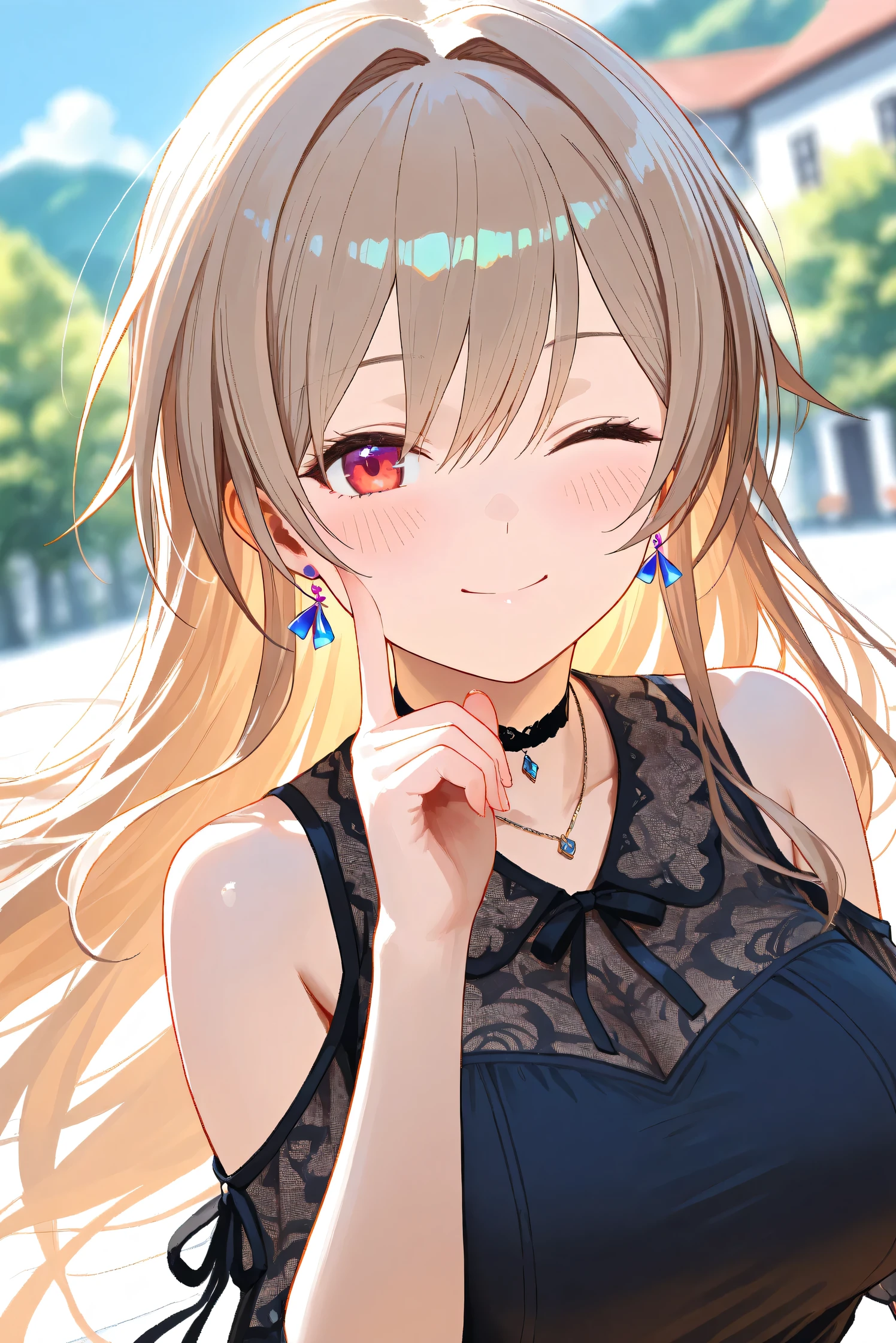 (Masterpiece), (Highest quality), (Very detailed),
(The best shape), (Best Shadow), (Absurd),
(Detailed background), (So beautiful), Shiny ,
Extraordinary, Countershading, 8k, 32K, High resolution, Beautiful eyes in every detail,
Very Detailed CG, UHD,
Score_9, Score_8_up, Score_7_up, Source_anime,
(Pastel painting:1.2), (Watercolor painting:1.2),
(Masterpiece, Detailed:1.2), (Foreshortening:1.2),
Cinematic, Dramatic, (Depth of field:1.4),
(Blurry background:1.4), (Realistic background:1.4),
(Foreshortening:1.3),Dynamic angle, 1 girl,
fantasy background, Outdoor, Nature, Wind, blue sky,
fantasy buildings,
Furen E Lustario,
Nijisanji, virtual youtuber,
frnel, very long hair, blonde hair, brown hair, bangs, red eyes, hair between eyes, large breasts,
casual wear, black shirt, ribbon tie, clothing cutout, shoulder cutout, black choker, bare shoulders, jewelry, (Purple earrings:1.1), necklace,
portrait, focus on face, close up shot,
(Blush:1.3), happy, smile, one eye closed,
put index finger on cheek,
Realistic skin, Shiny skin,