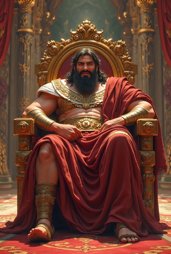 sufficient light,full body photo,front shot,A thick-bodied massive muscular bodybuilder whith some chest hair sit on the throne in resplendent palace,giant sword and shield on floor covered with gold coins,The jeweled crown rests on the armrest of the throne,plump chest muscles, thick broad pmuscle chest,thick muscular arms, handsome face whith stubble, short brown hair, a cape whith golden edge, Gold Textured Bracers,long white skirt armor with fur edge,