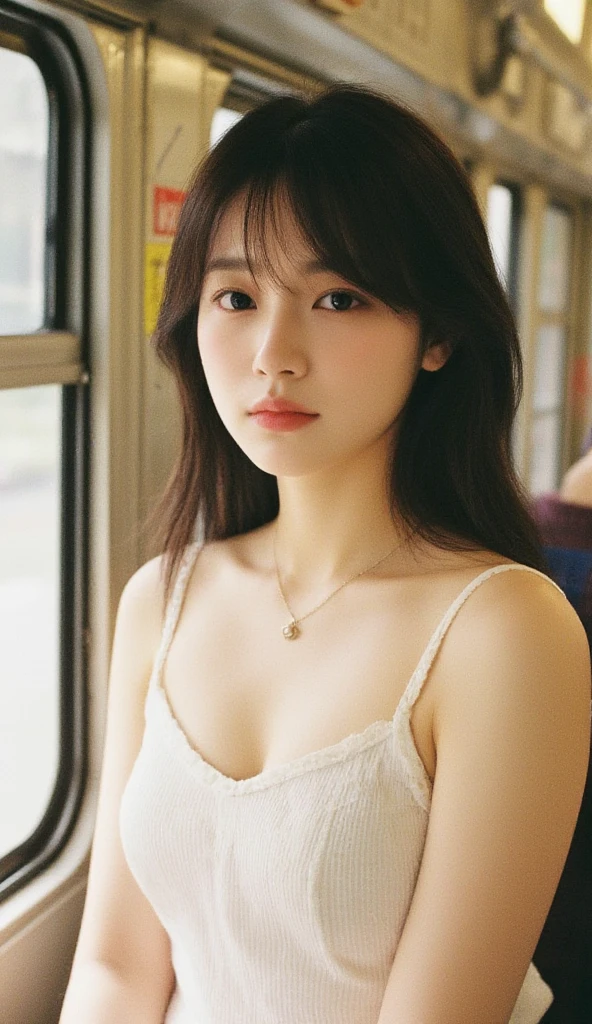 realistic photos of (1 cute Korean star) flipped hair, thin makeup, big breasts size, sexy erotic tiny string of G-string lingerie, at the train station, clear facial features of Canon EOS, 16k, high resolution, sharp and realistic details,  overexposure, cut-in, UHD, high res, best quality, full body 