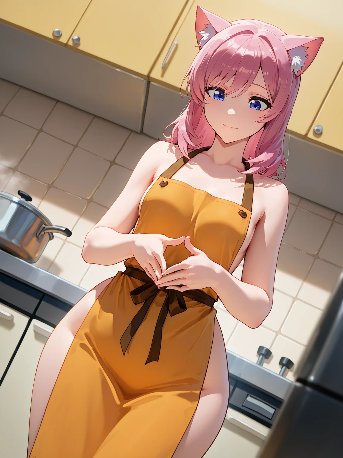 (Best Quality, Masterpiece),sexy mommy, Front cover of a women's cooking magazine, , naked, erotic, 18+, nsfw, 1girl, 30 years old, stunning, cute, heartwarming smile, hourglass figure, super mini bikini, pinny apron, beautiful food, text, diagrams, advertisements, magazine title, pink microbikini, twin_drills, twintails, long hair, cat ears, yellow cat ea, red eyes, Himeko, bare shoulders, sleeveless, tail, hair bow, pink stockings, pink lingerie and stockings,