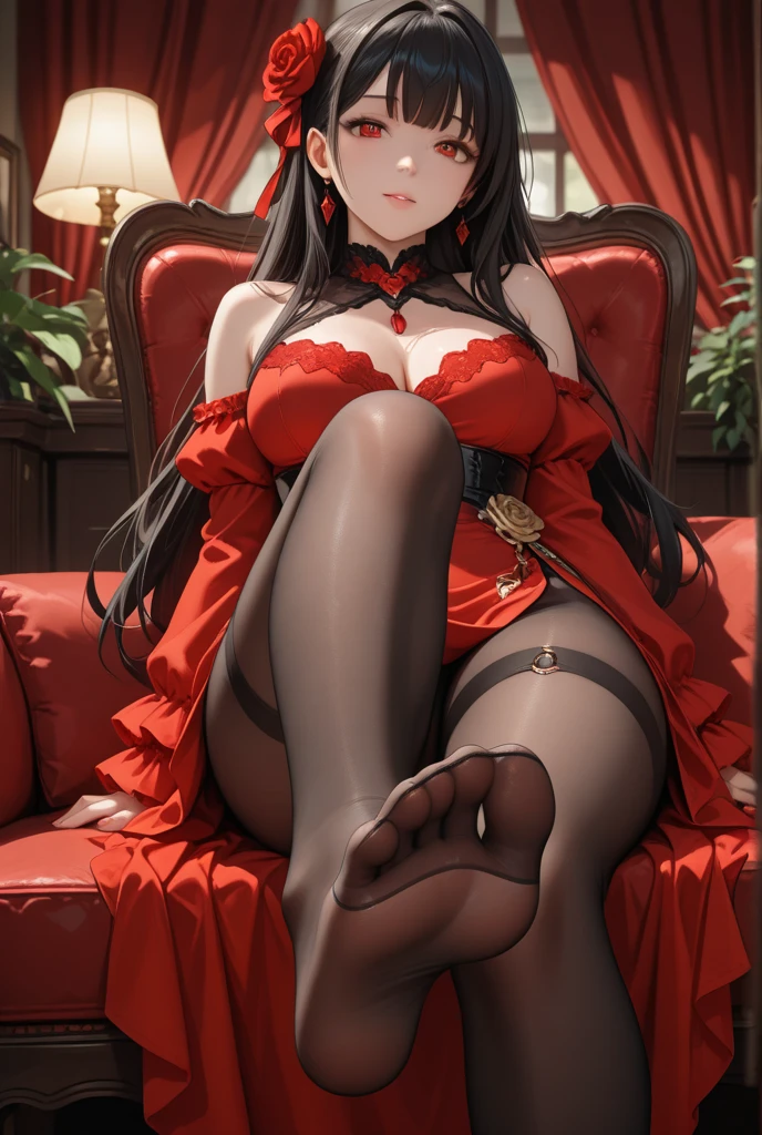 a woman wearing a red dress, long brown stockings, long black hair, red eyes, smiling, big breasts, full body, in a luxurious room with gold and white tiles, tiled floor, large window in the background giving a view of the sea,HDR, ultra resolution, well defined, masterpiece, 8K HD. (solo woman)
