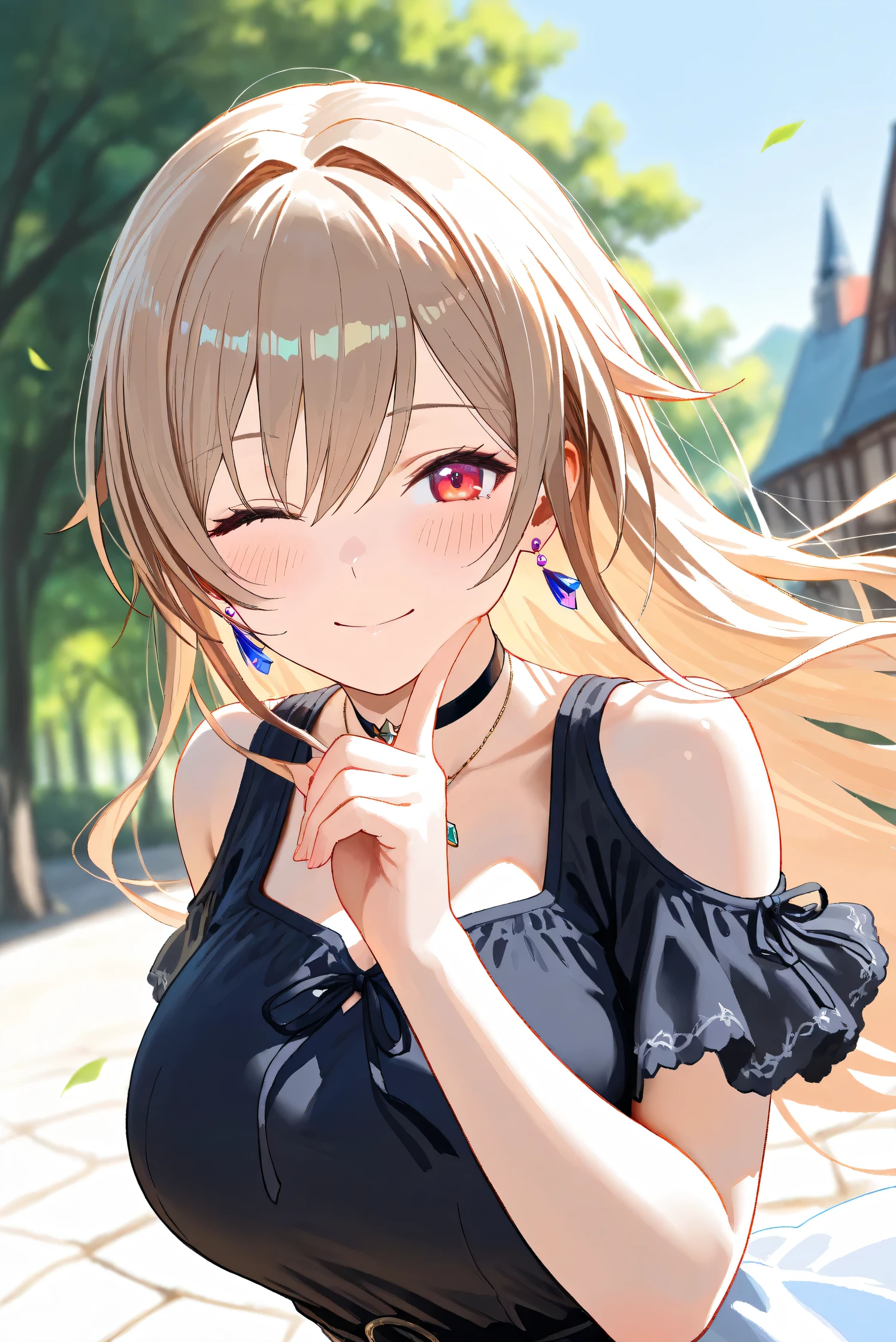 (Masterpiece), (Highest quality), (Very detailed), 
(The best shape), (Best Shadow), (Absurd), 
(Detailed background), (So beautiful), Shiny , 
Extraordinary, Countershading, 8k, 32K, High resolution, Beautiful eyes in every detail,
Very Detailed CG, UHD,

Score_9, Score_8_up, Score_7_up, Source_anime, 
(Pastel painting:1.2), (Watercolor painting:1.2),
(Masterpiece, Detailed:1.2), (Foreshortening:1.2),

Cinematic, Dramatic, (Depth of field:1.4),
(Blurry background:1.4), (Realistic background:1.4),
(Foreshortening:1.3),Dynamic angle, 1 girl,
fantasy background, Outdoor, Nature, Wind, blue sky,
fantasy buildings,

Furen E Lustario,
Nijisanji, virtual youtuber,
frnel, very long hair, blonde  hair, brown hair, bangs, red eyes, hair between eyes, large breasts, 

casual wear,  black shirt, ribbon tie, clothing cutout, shoulder cutout, black choker, bare shoulders, jewelry, (Purple earrings:1.1), necklace,

portrait, focus on face, close up shot,
(Blush:1.3), happy, smile, one eye closed,
put index finger on cheek,
Realistic skin, Shiny skin,